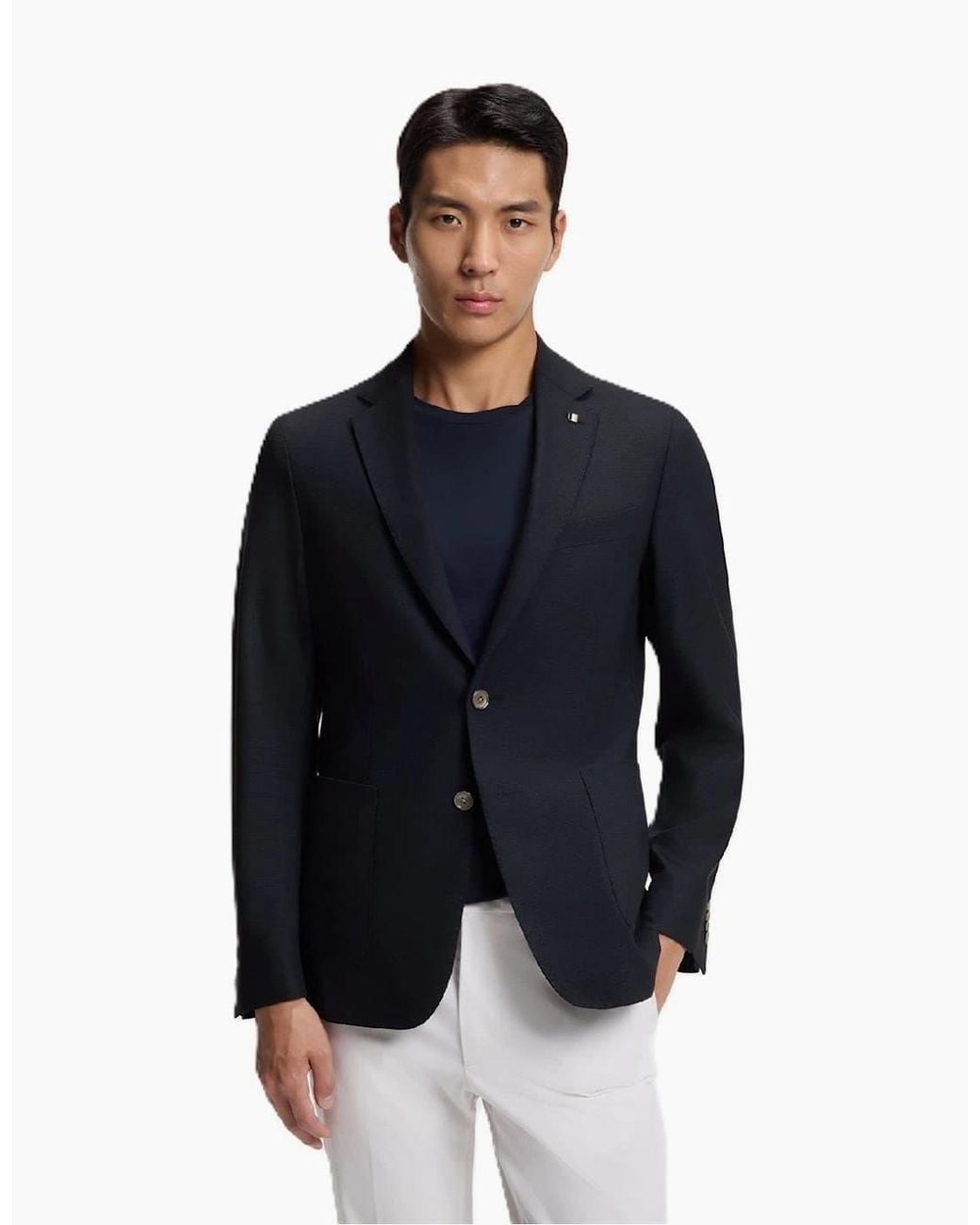 Boss Blue Solid Patterned Metal Badge Notch Collared Blazer for men