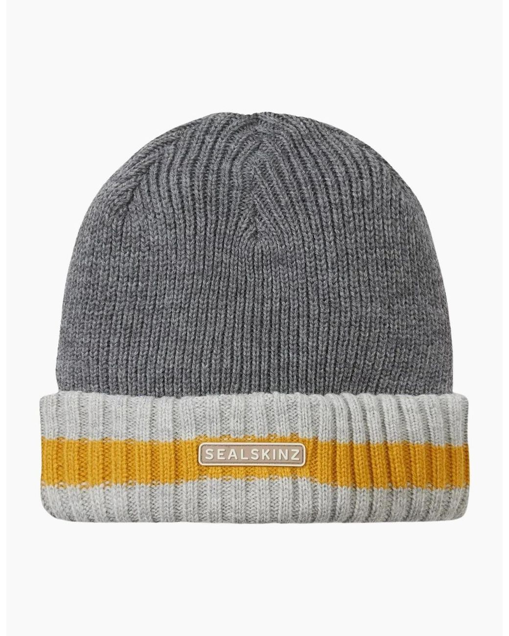 SealSkinz Gray Holkham Waterproof Striped Roll Cuff Beanie for men
