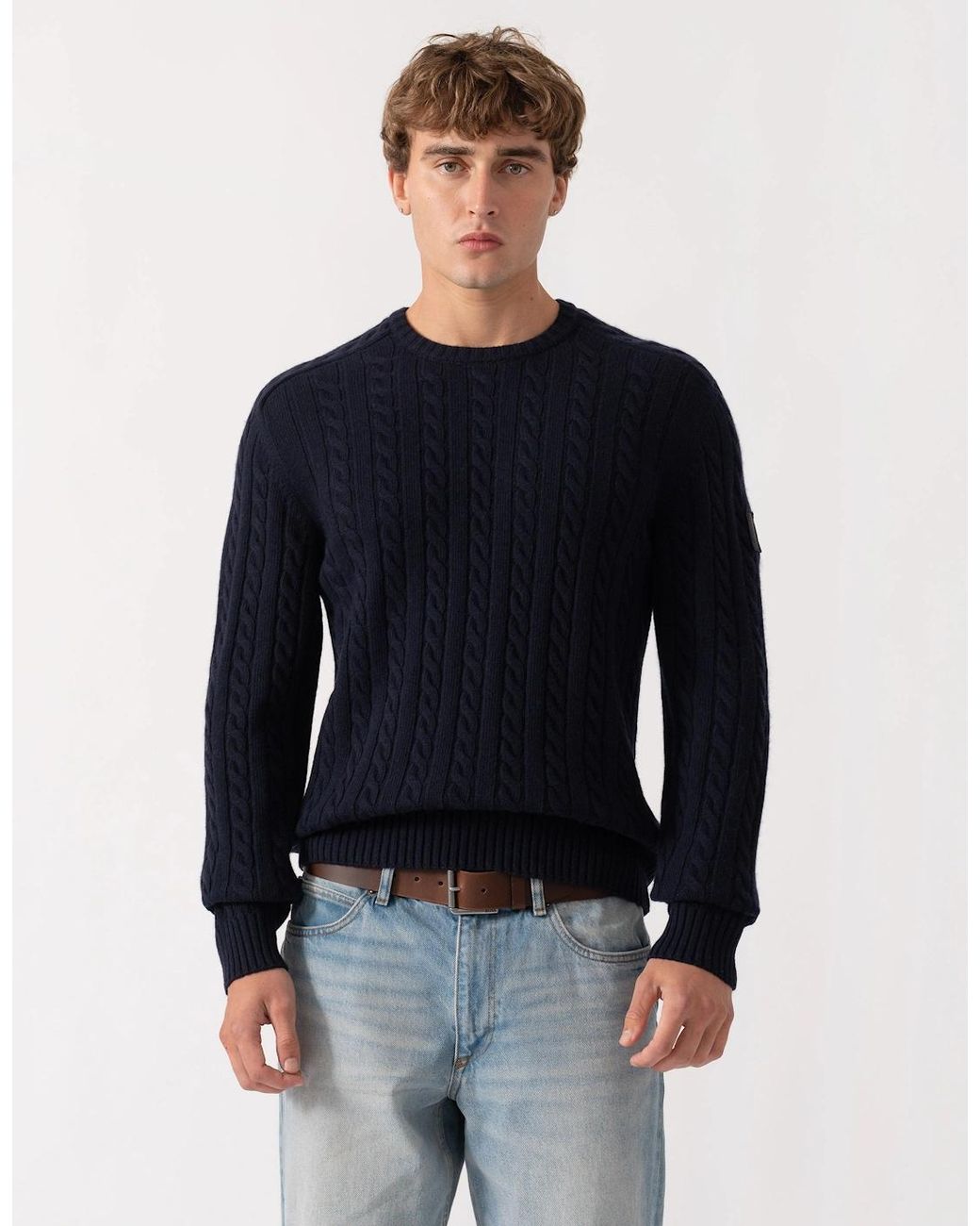 Belstaff Blue Westport Crew Neck Cable Knit Jumper for men