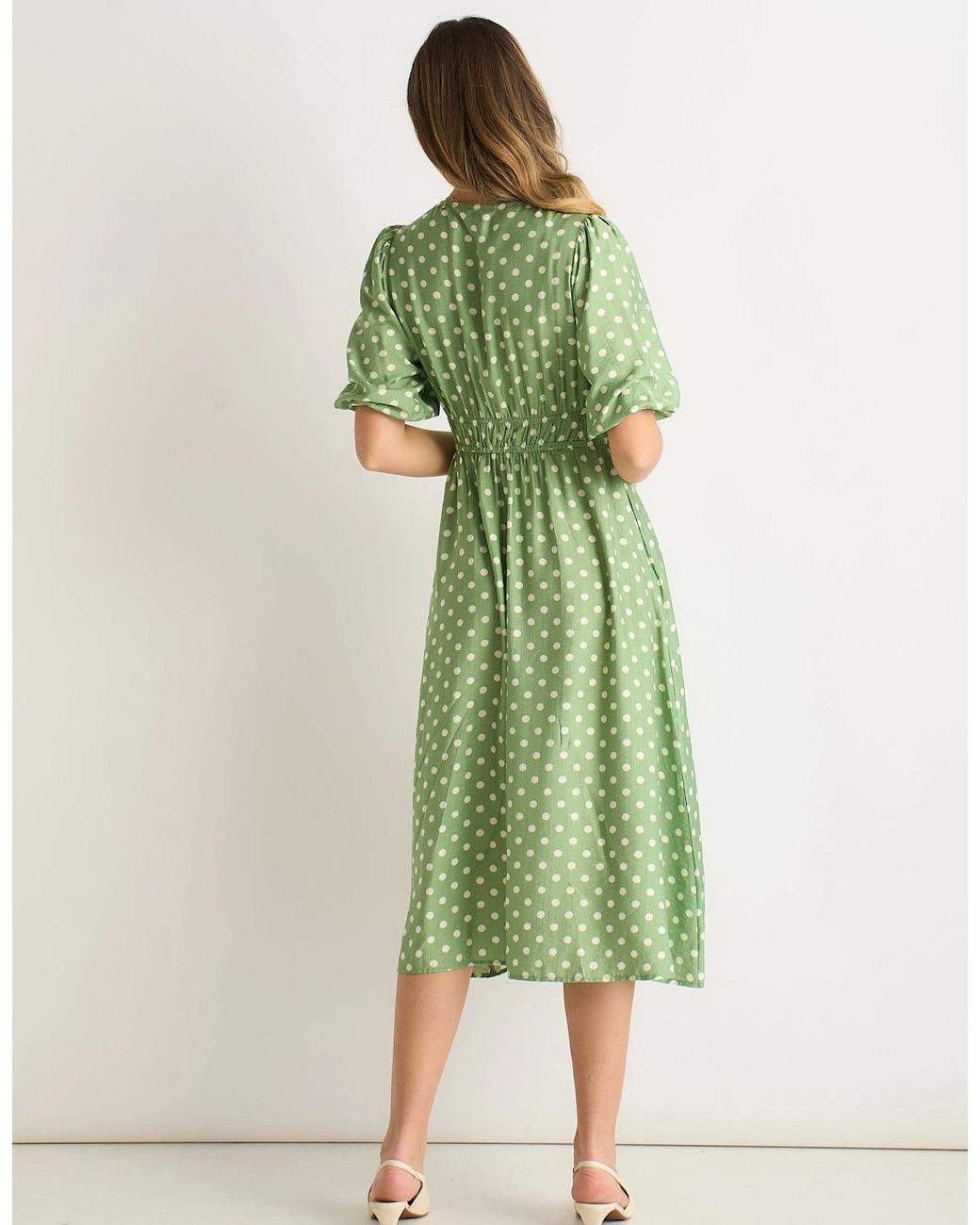 Gini London Green Sage Spot Print Shirred Waist Shift Midi Dress