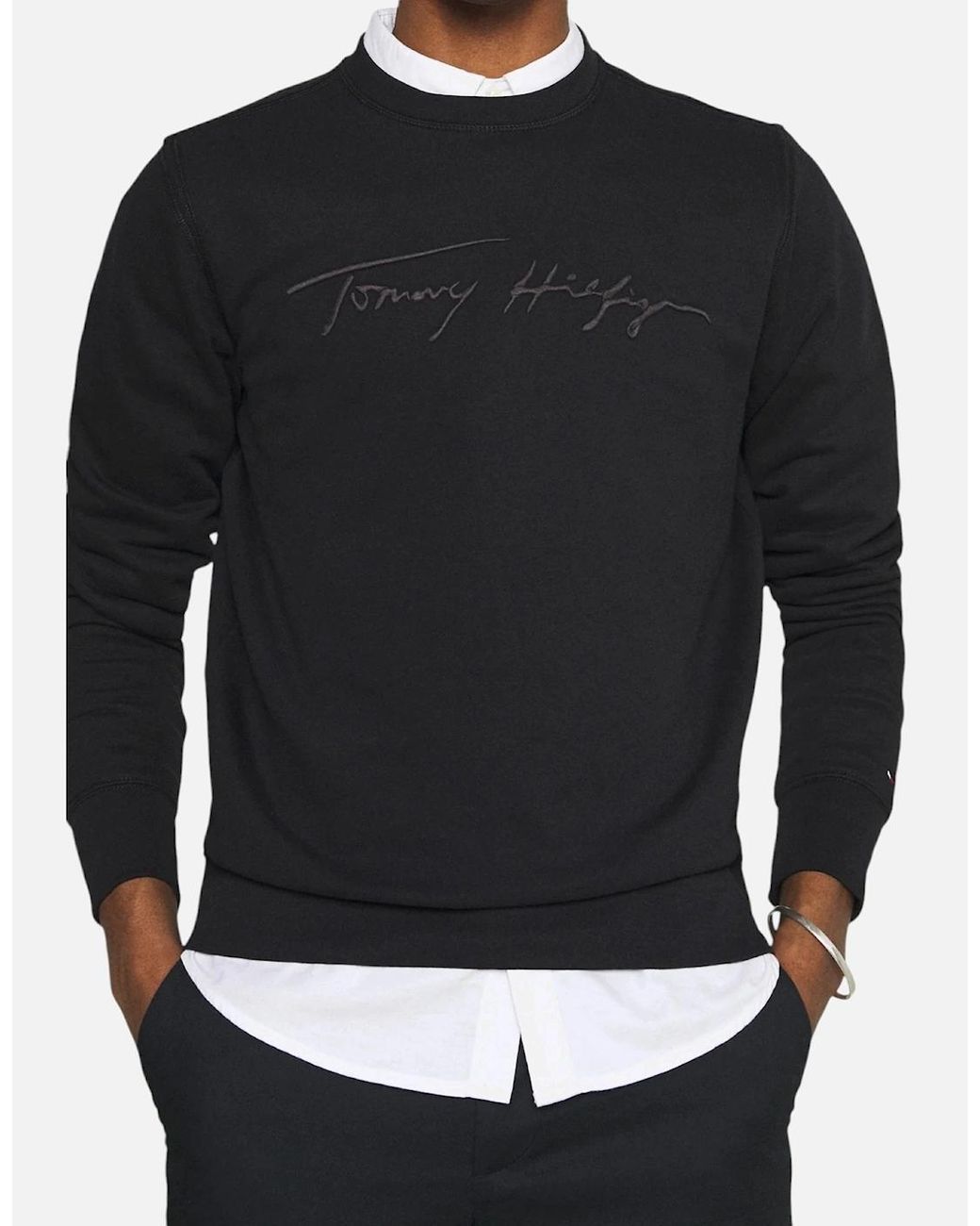 Tommy Hilfiger Black Sweatshirt Signature Embossed Logo Fleece Pullover Crew Neck for men