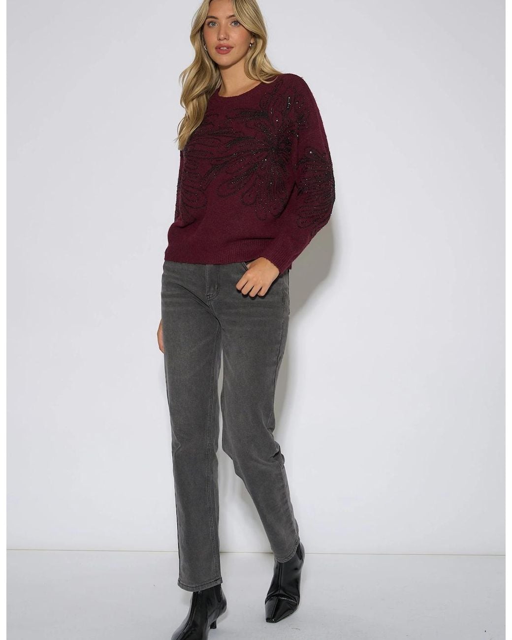 Gini London Red Mulberry Floral Beaded Recycle Content Mix Jumper