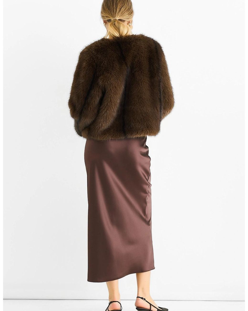 Gini London Brown Coffee Round Neck Faux Fur Cropped Jacket