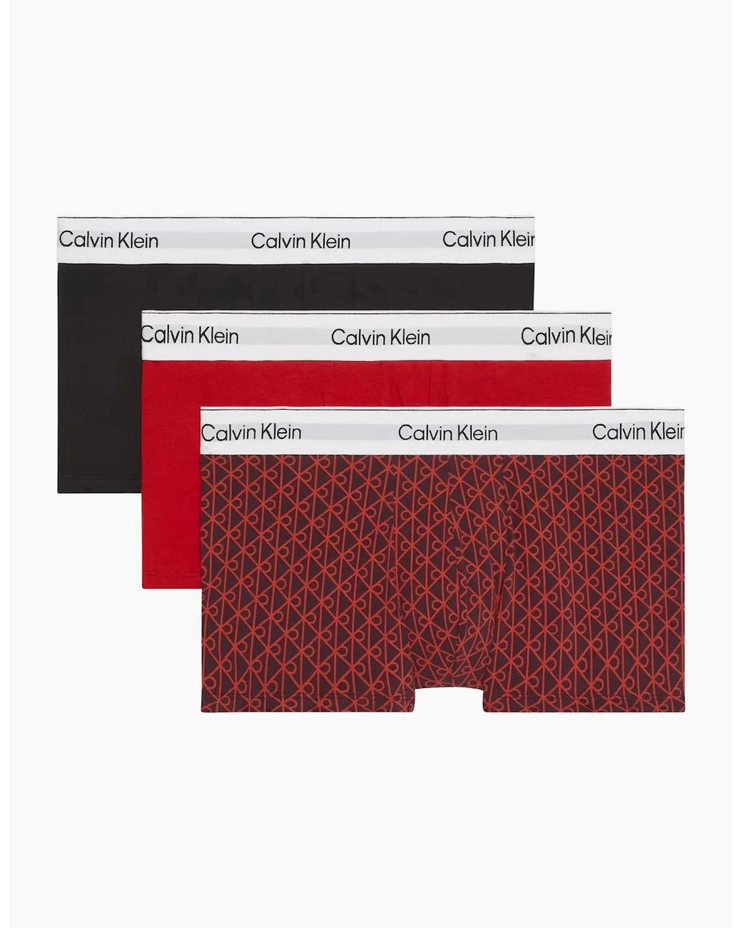 Calvin Klein Red 3-Pack Icon Emblem Print Low-Rise Boxer Trunks, Emblem Dark Berry Adrenaline Rush for men