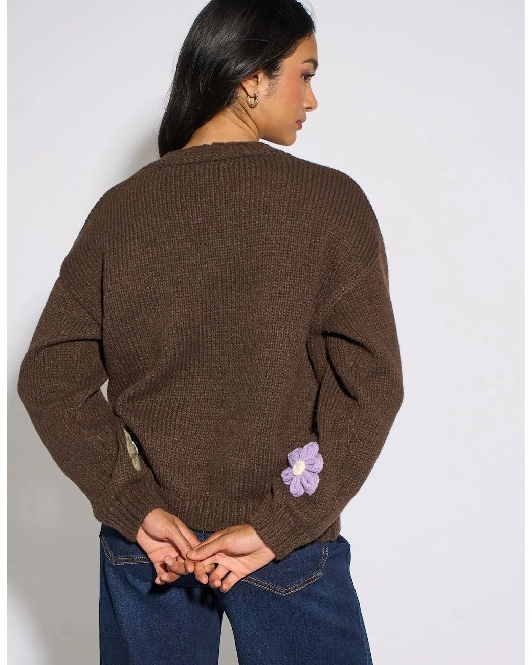 Gini London Brown 3D Floral Sleeves Knit Cardigan