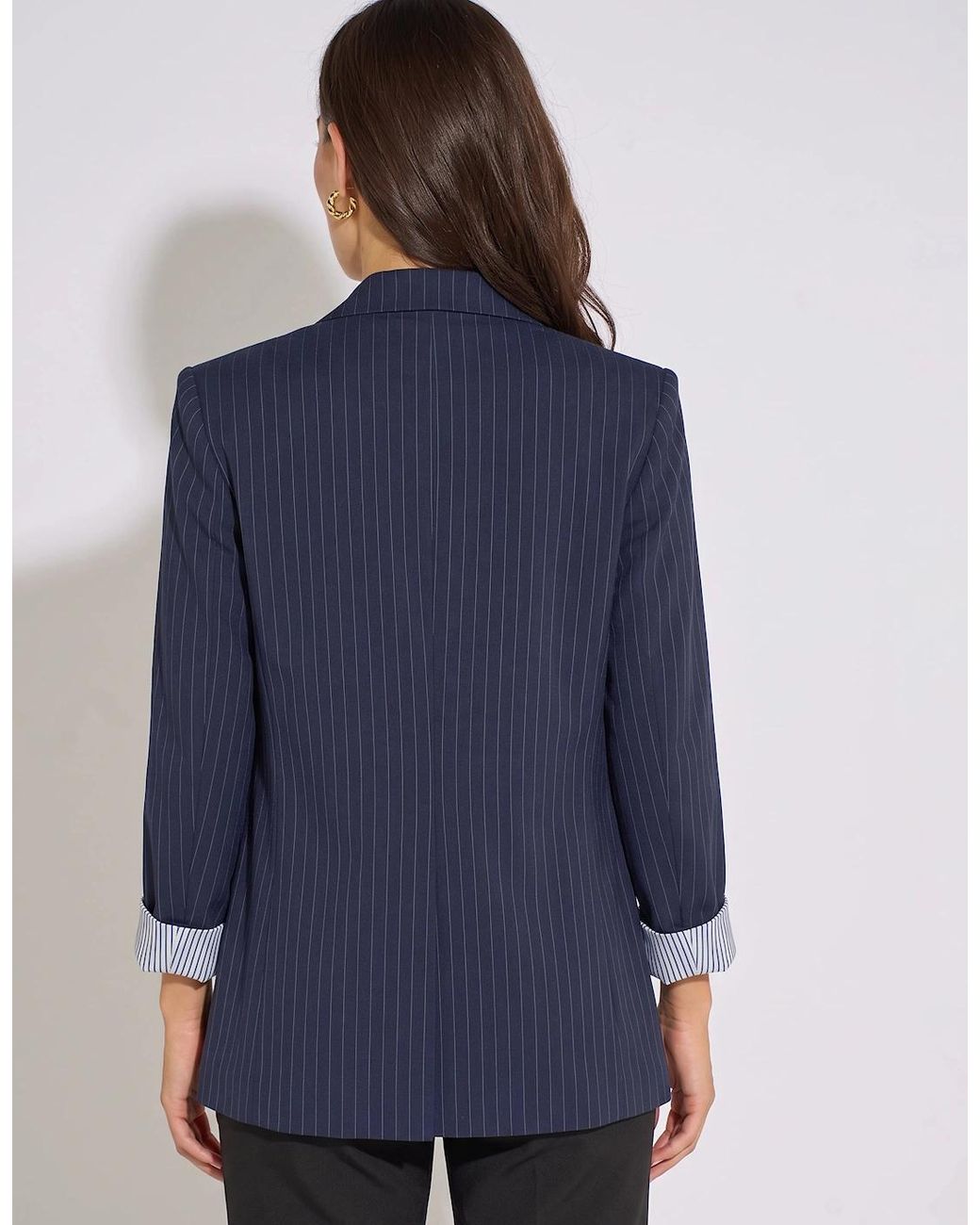 Gini London Blue Stripe Contrast Sleeve Edge To Edge Blazer