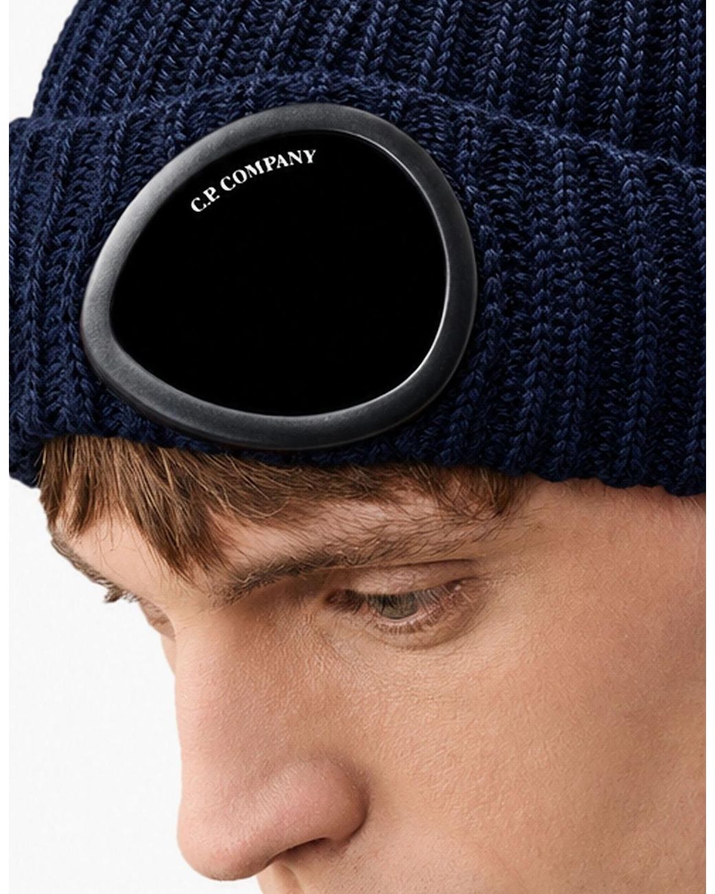 C P Company Blue Extra Fine Knitted Beanie Total Eclipse for men