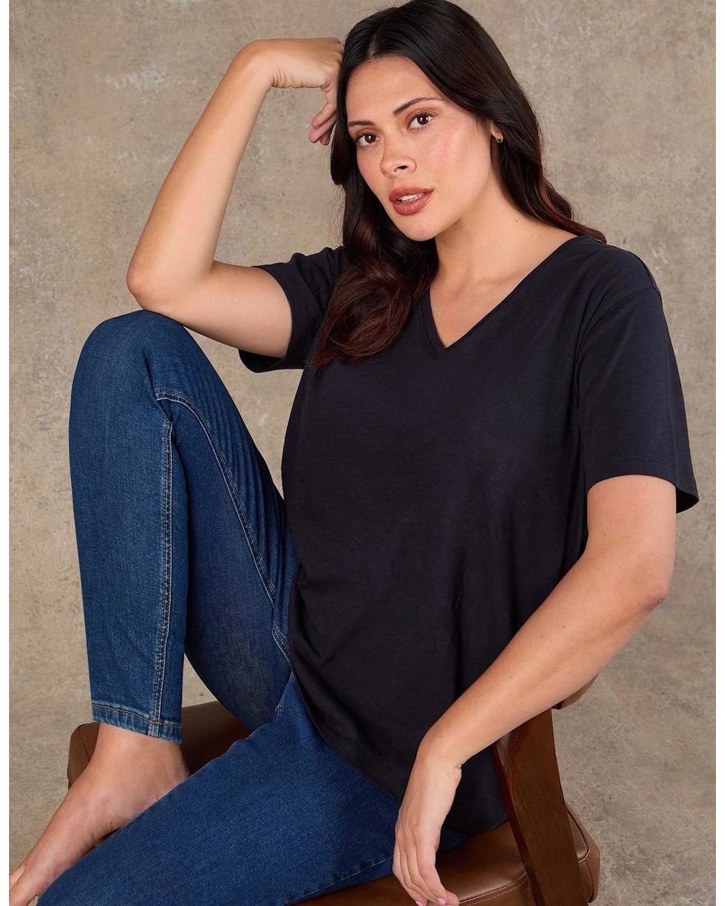 Live Unlimited London Blue Cotton Slub V Neck T-Shirt