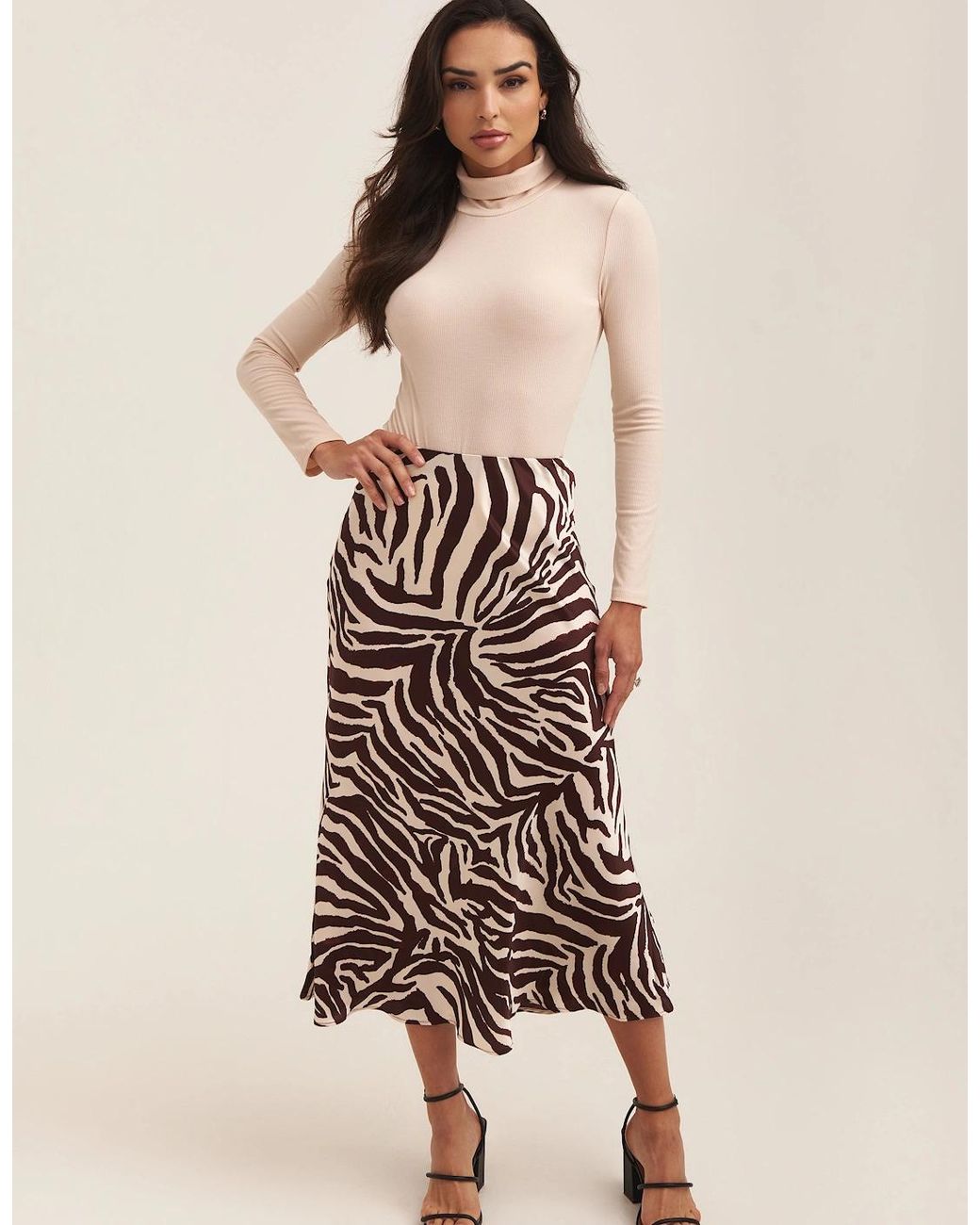 Gini London Natural Chocolate Animal Print Satin Bias Cut Midi Skirt