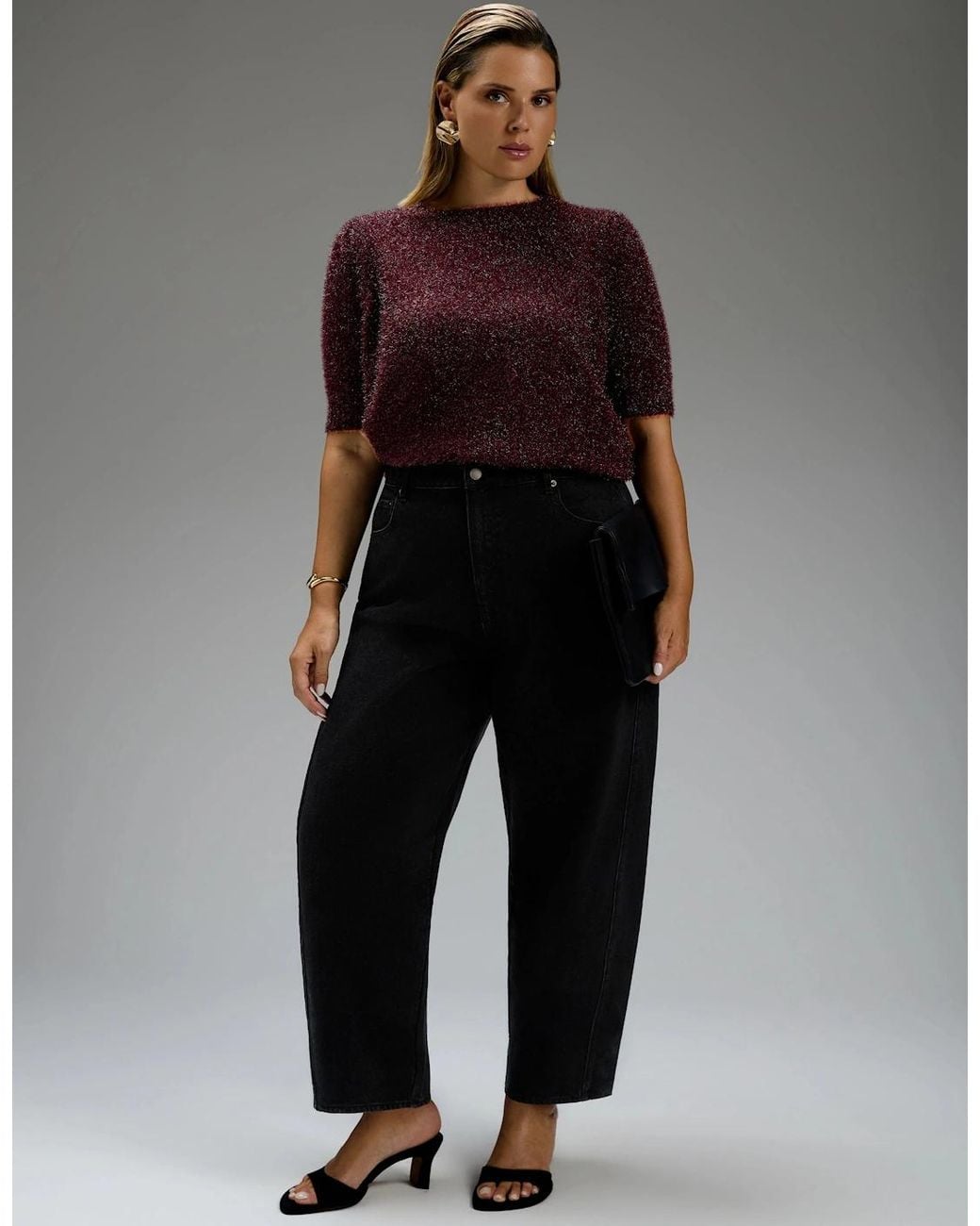 Live Unlimited London Brown Burgundy Sparkle Knitted Short Sleeve Jumper