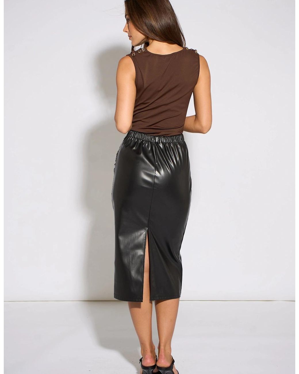 Gini London Black Faux Leather Ruched Side Pencil Skirt