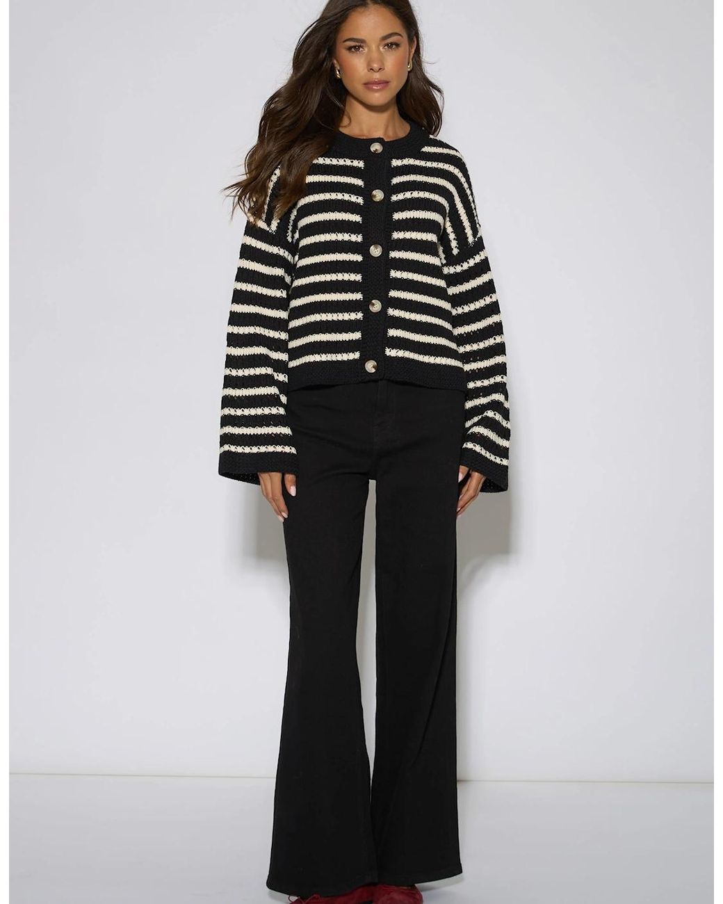 Gini London Multicolor Stripe Cable Knit Crop Cardigan