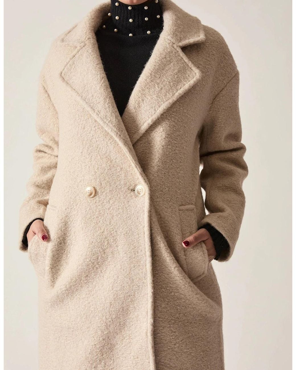James Lakeland Natural Cream Textured Double-Breasted Long Coat