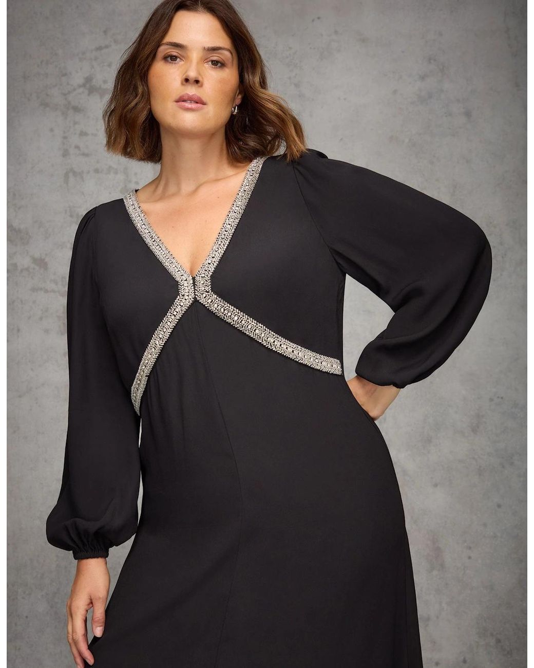 Live Unlimited London Gray Embellished Trim Midaxi Dress