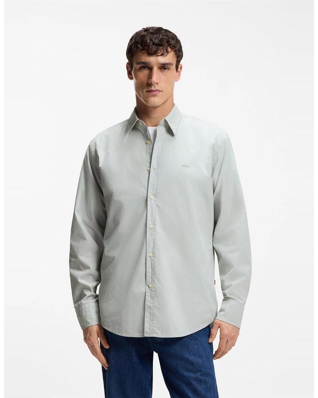 Boss White Collared Neck Shirt Collar Long Sleeve Regular Fit Shirt for men