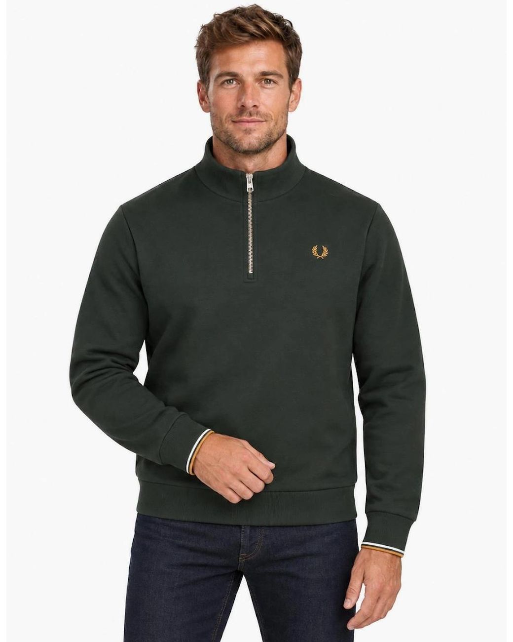 Fred Perry Green Half Zip Sweatshirt Night/Dusky/Dark Caramel for men