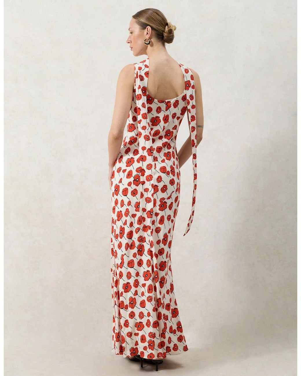 Ro&zo Red Ella Poppy-Print Scarf Detail Maxi Dress