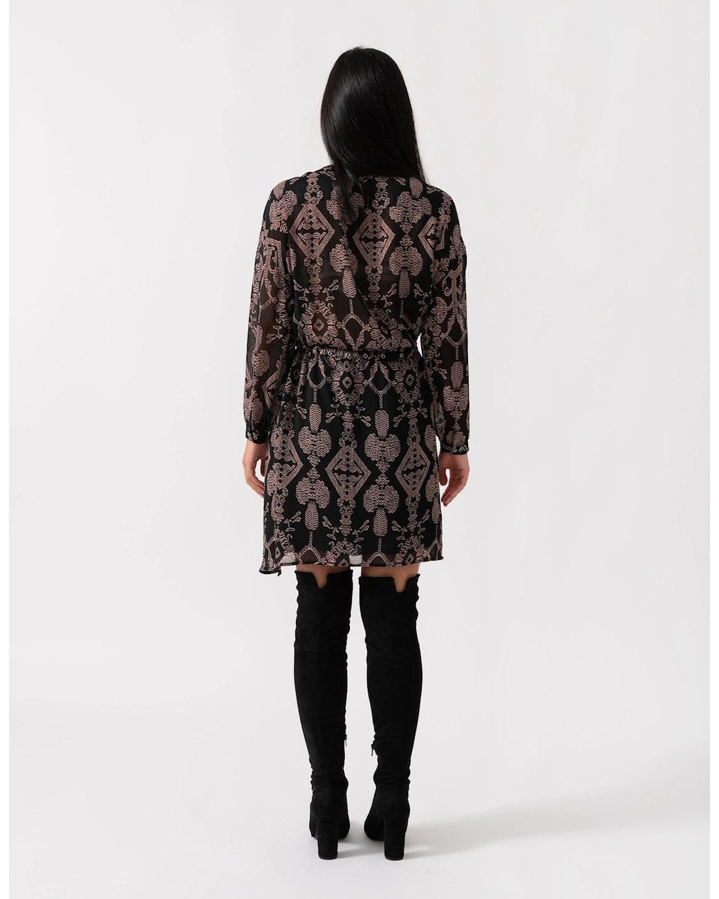 Maison Scotch Black Printed Sheer Lace Up Oversized Dress