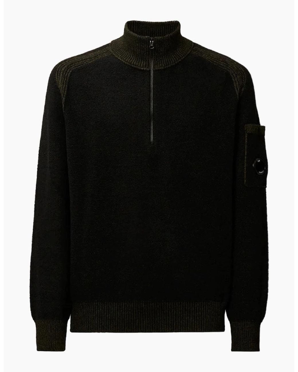 C P Company Black Polo Collar Quarter Zip Lens Fleece Knit for men