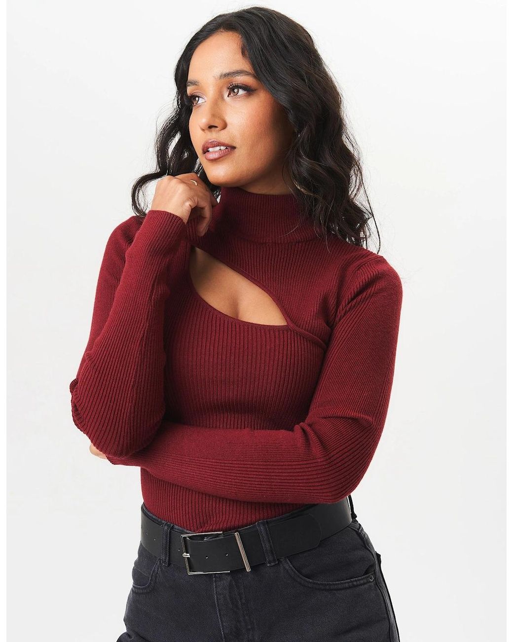 Gini London Red Burgundy High Neck Cut Out Detail Jumper