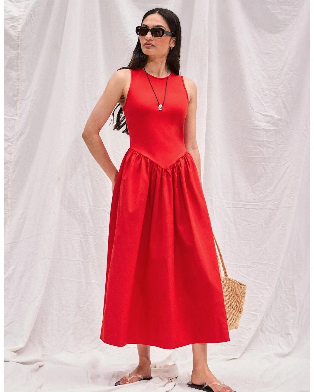 Ro&zo Red Jersey Bodice Midi Waisted Dress