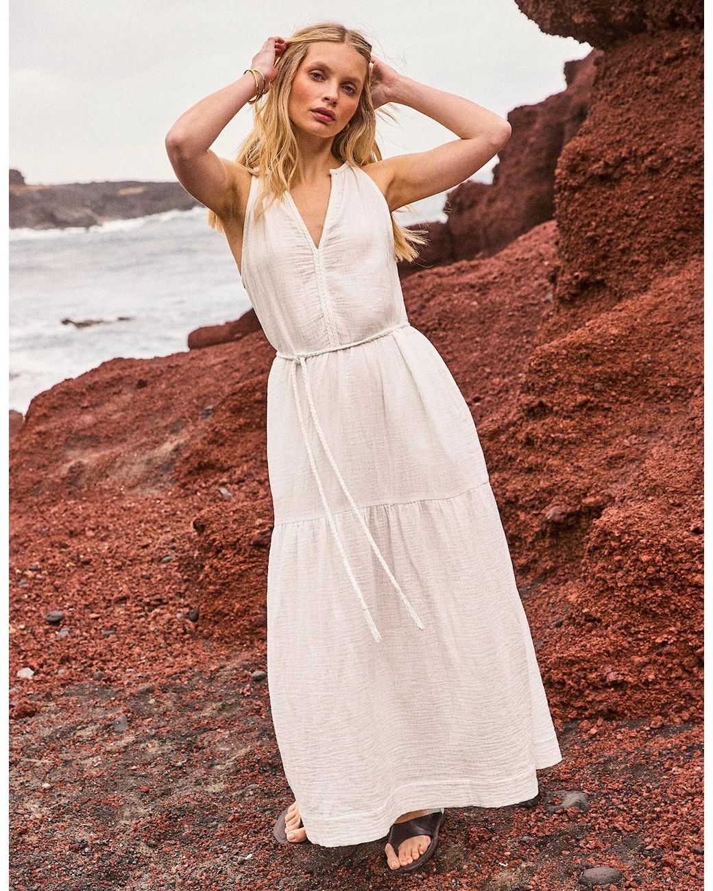 Ro&zo White Petite Ivory Cheesecloth Rope Belt Dress
