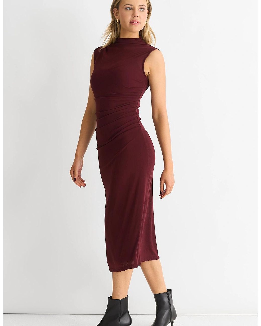 Gini London Red Plain Ruched Jersey Midi Dress