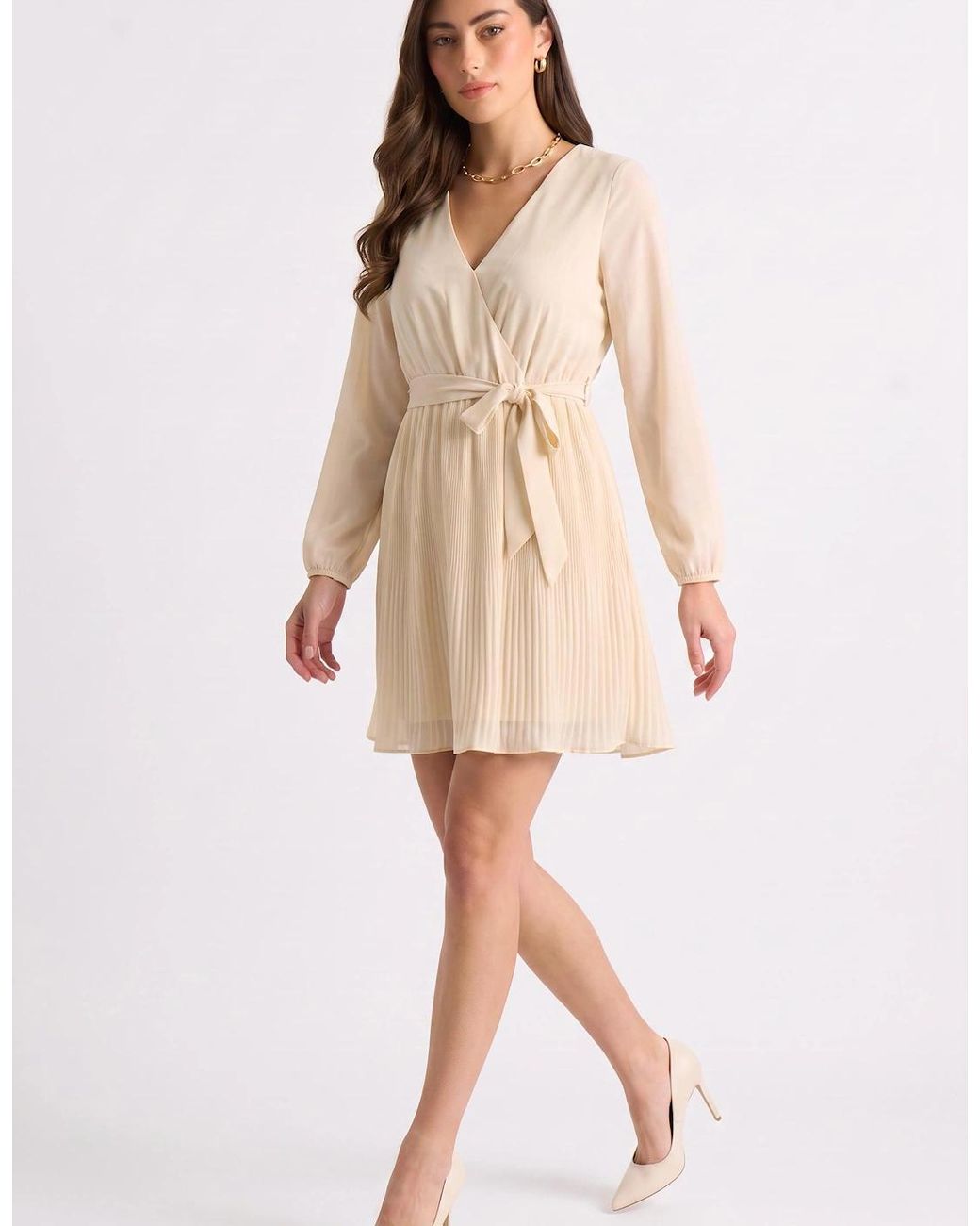 Gini London Natural Cream Pleated Long Sleeve Wrap Mini Dress
