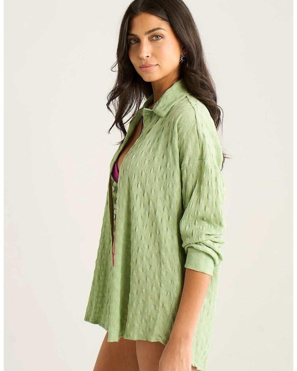 Gini London Green Sage Textured Oversized Long Sleeve Shirt