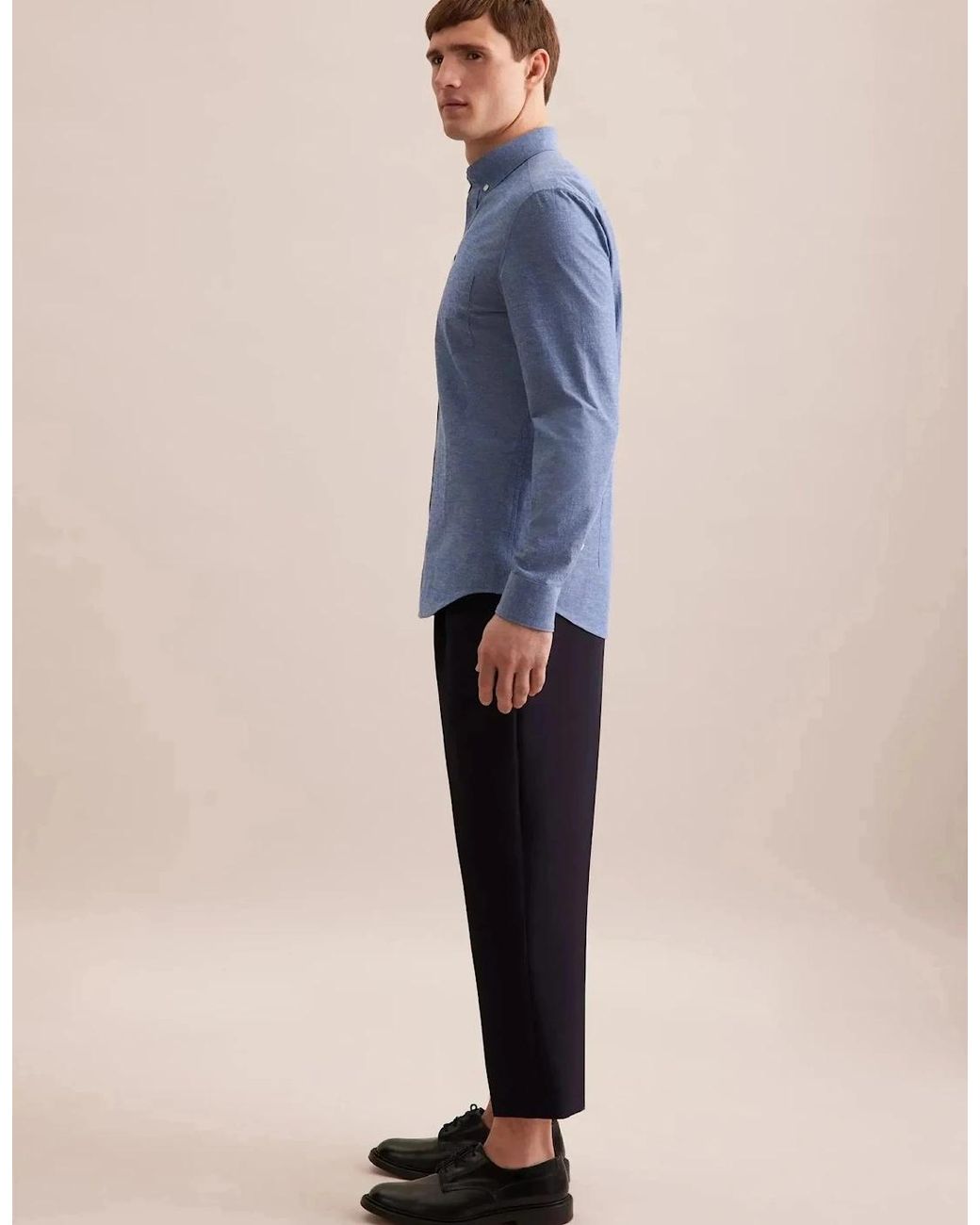Seidensticker Blue Slim Fit Button Down Linen Blend Chambray Shirt Mid for men