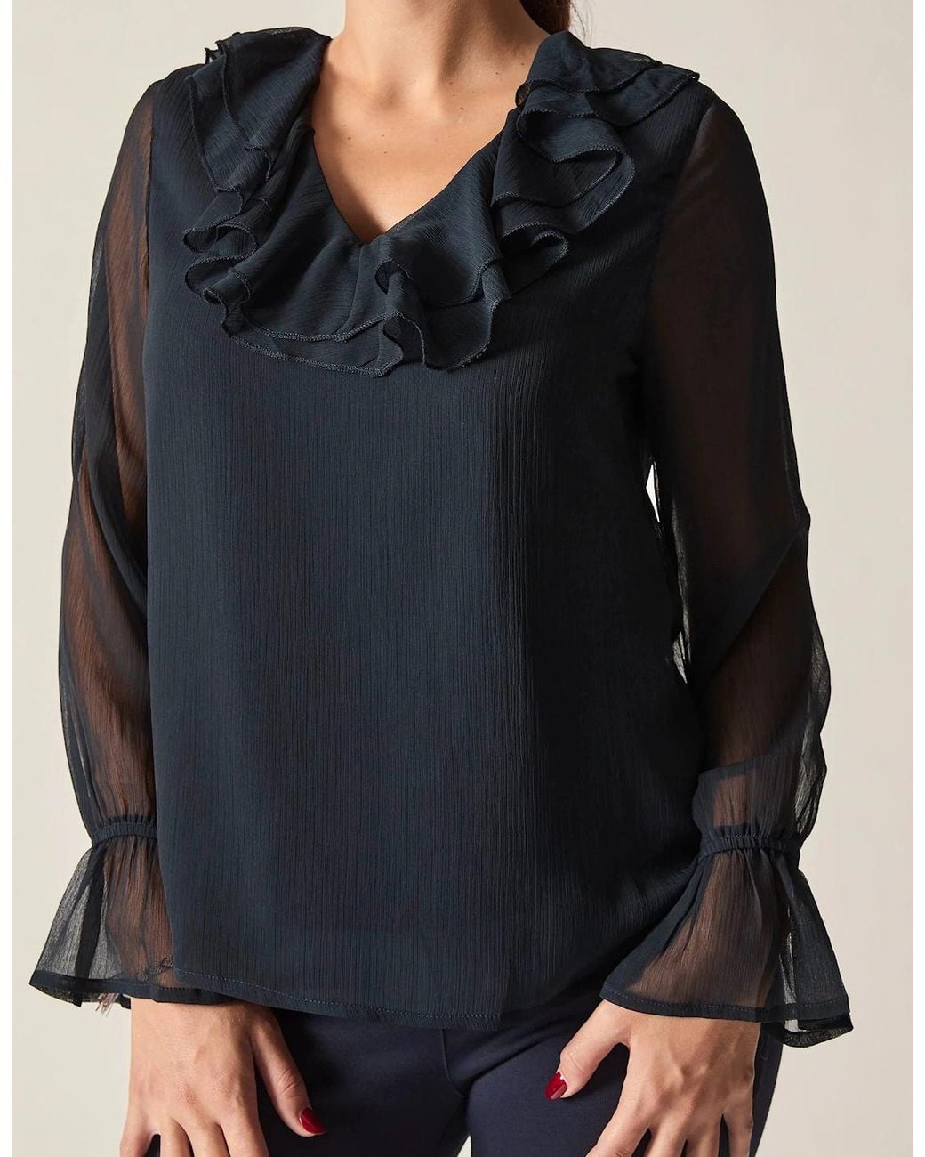 James Lakeland Blue Sheer-Sleeve Ruffle Blouse