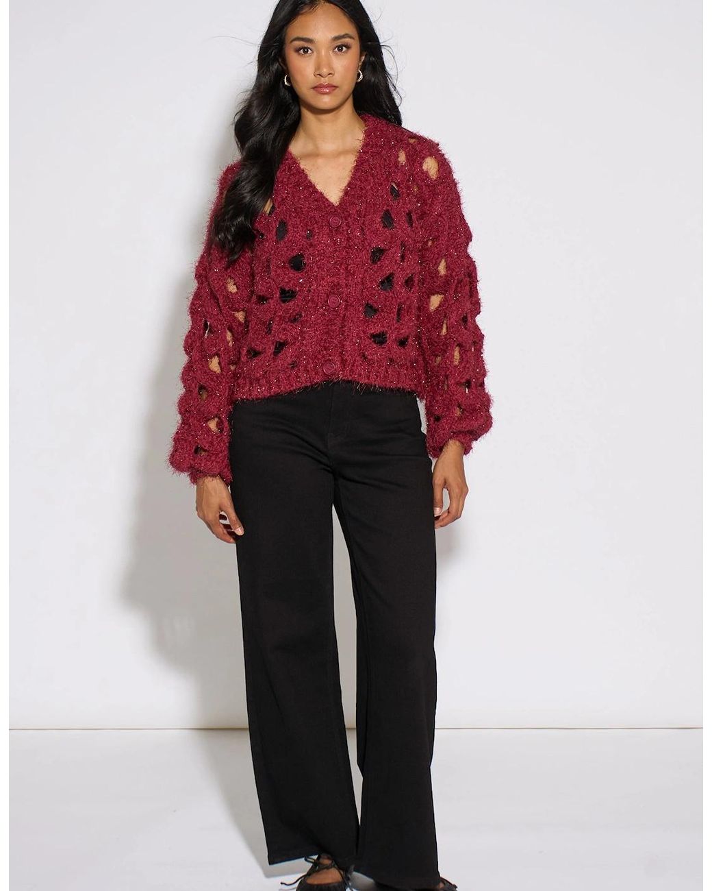 Gini London Red Cerise Hollow Chunky Knit Cardigan