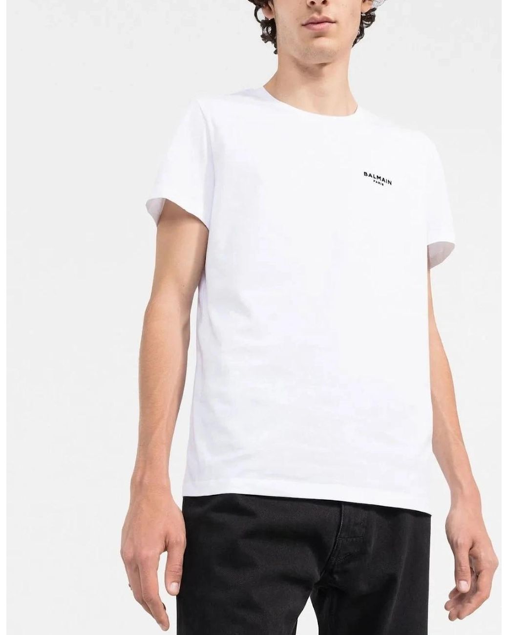 Balmain White Small Logo Flock Cotton T-Shirt for men