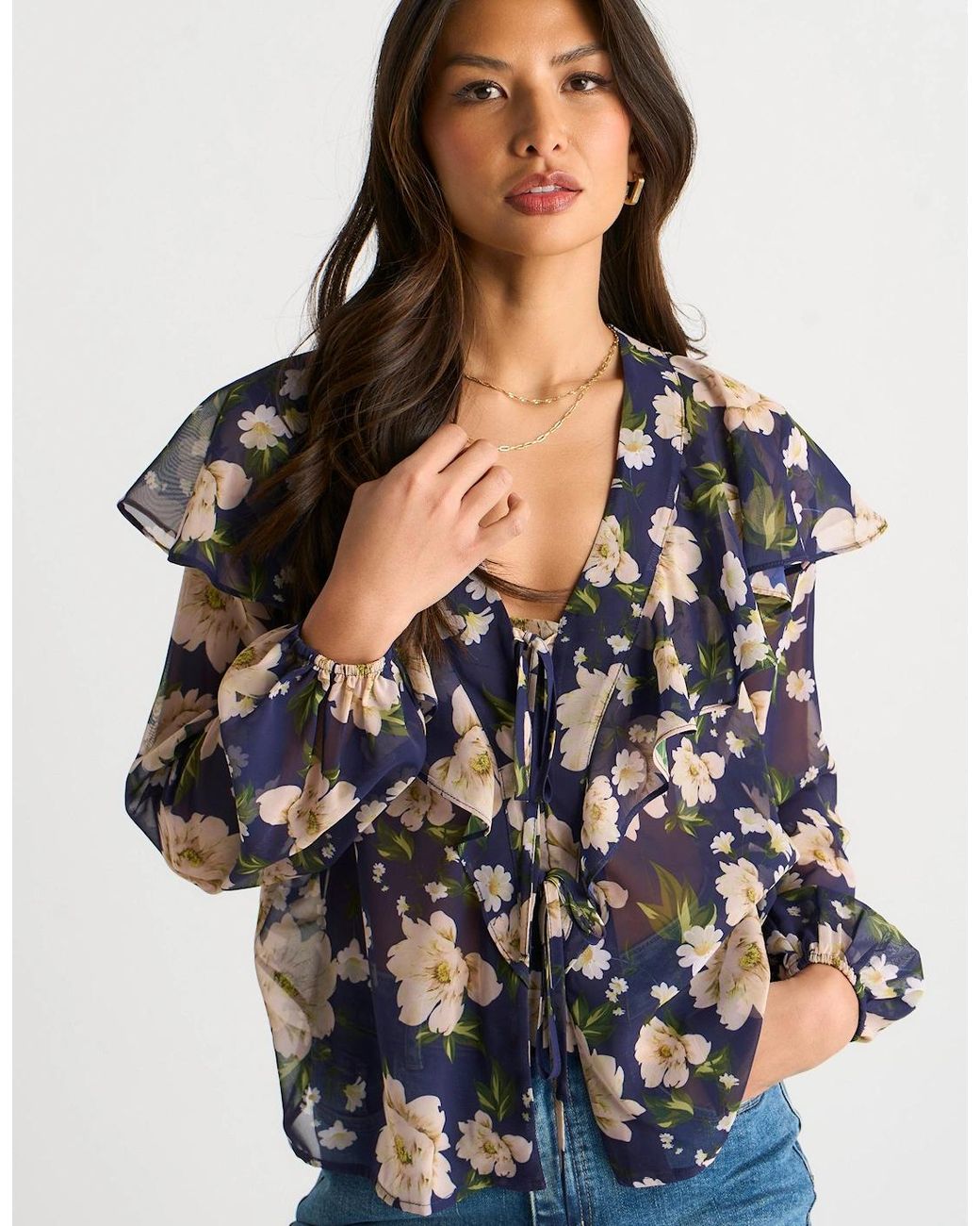 Gini London Blue Elegant Floral Ruffle Shoulder Blouse