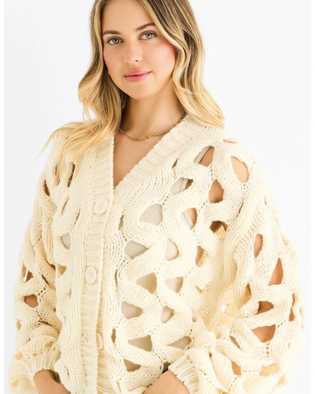 Gini London Natural Hollow Chunky Knit Cardigan