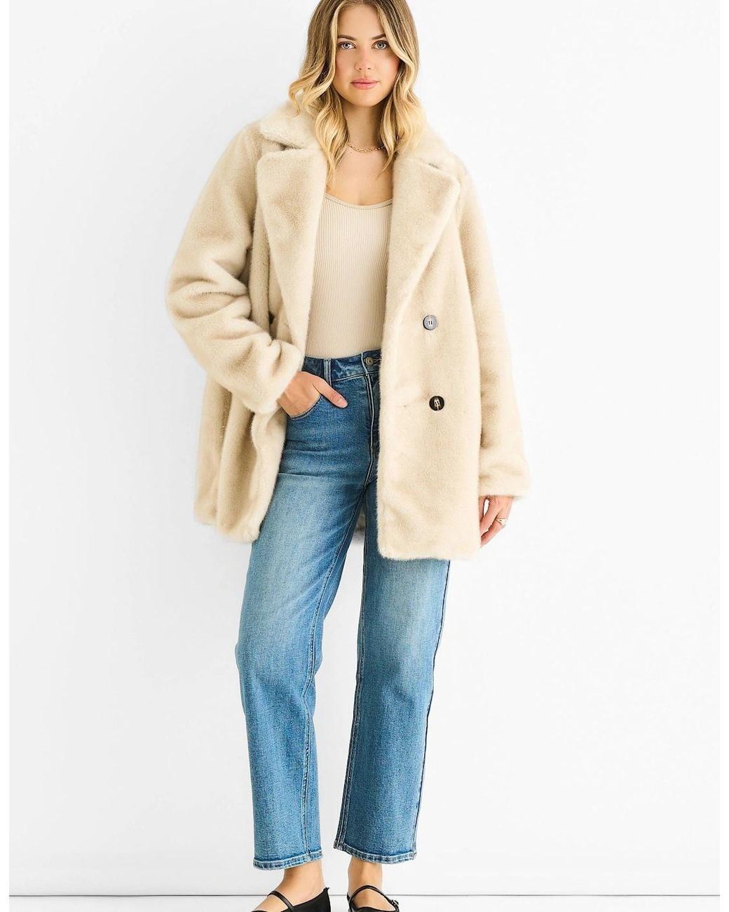 Gini London Blue Faux Fur Double Breasted Longline Jacket