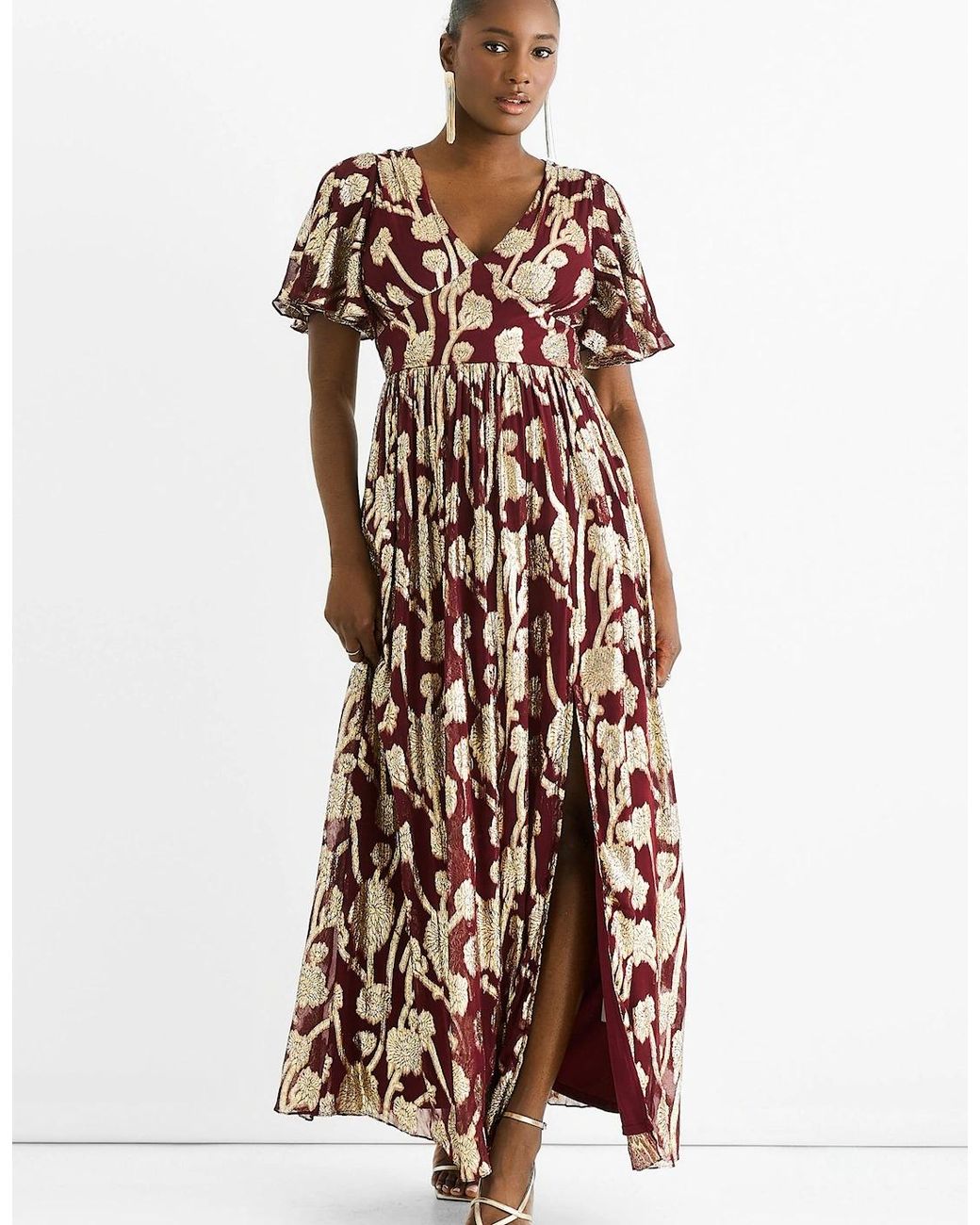 Gini London Multicolor Burgundy Metallic Jacquard Flutter Sleeves Floral Maxi Dress