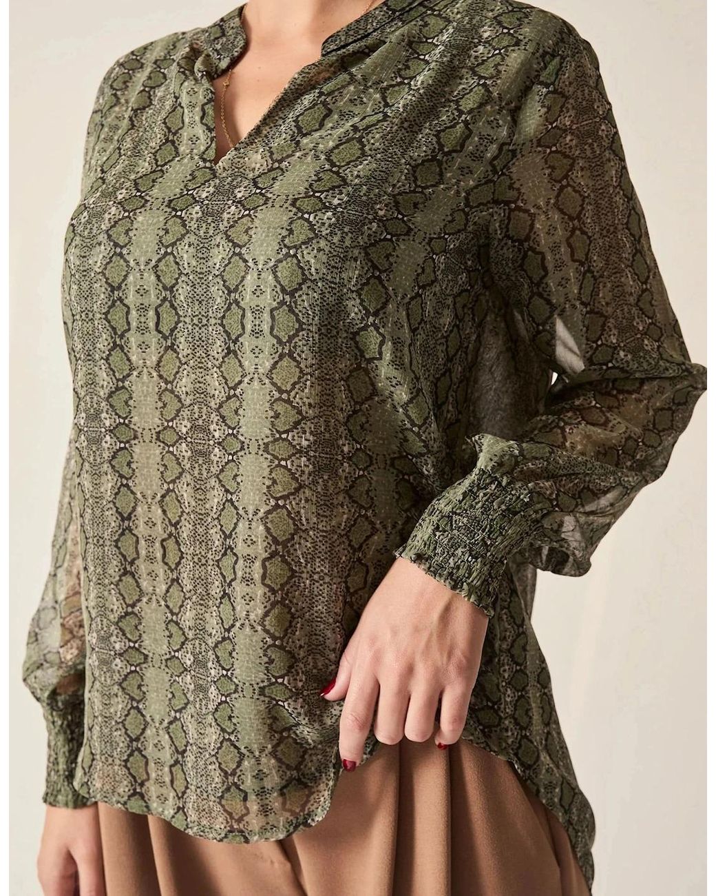 James Lakeland Natural Multi-Tone Snake Print Sheer-Sleeve Blouse