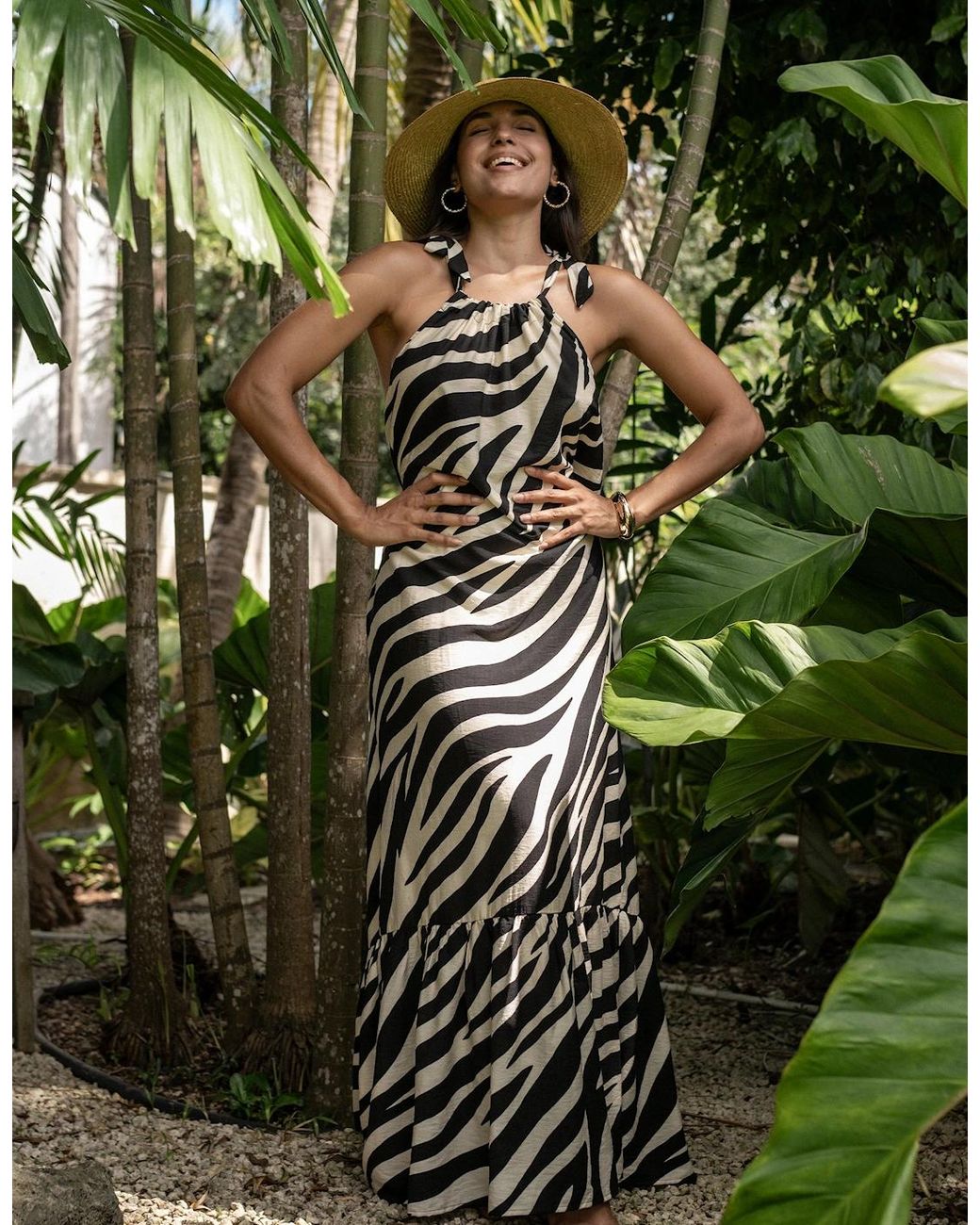 Gini London Green Mono Zebra Print Tie Shoulder Maxi Dress