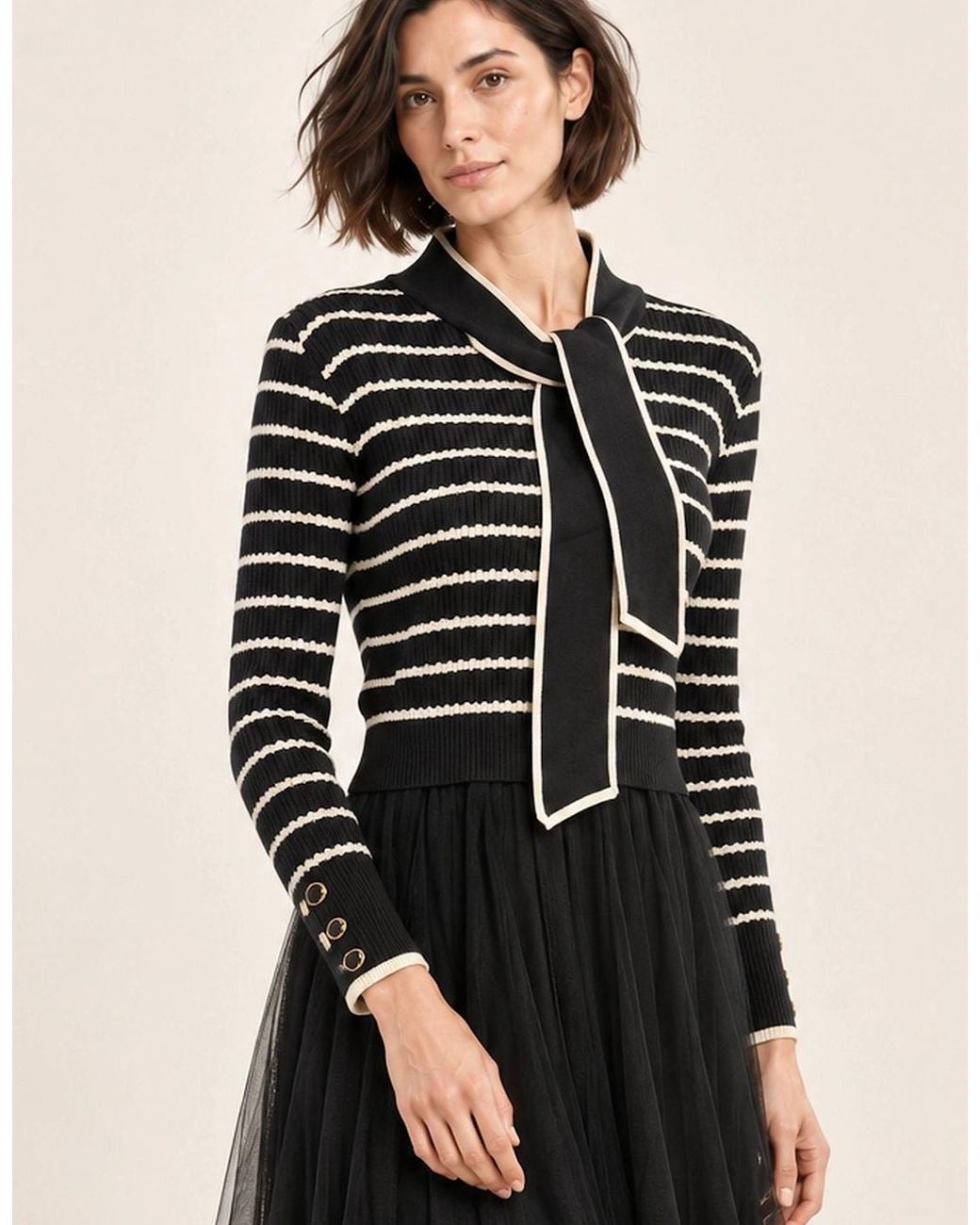 James Lakeland Black Striped Knit & Tulle Midi Dress