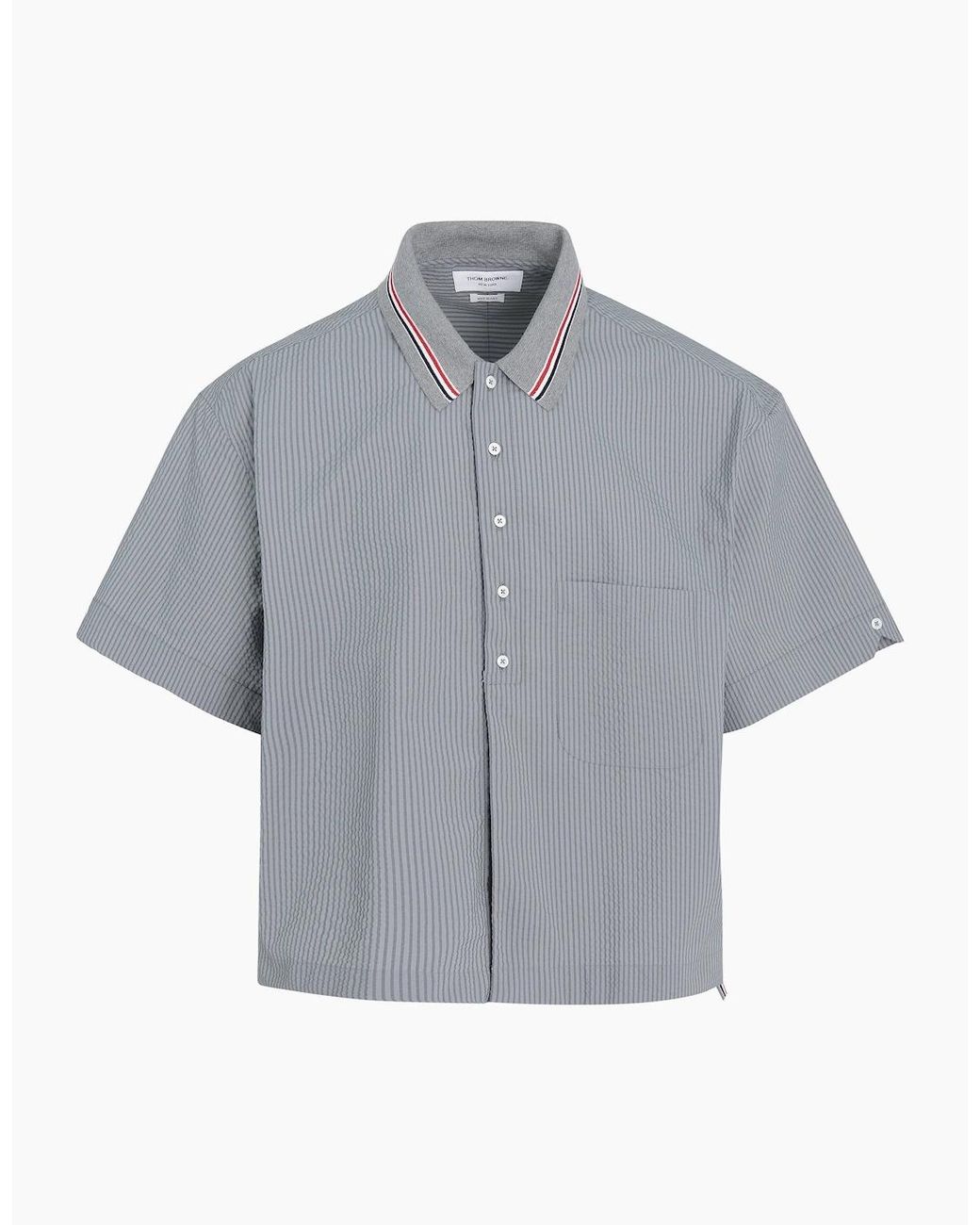 Thom Browne Gray Knit Collar Rugby Seersucker Shirt for men