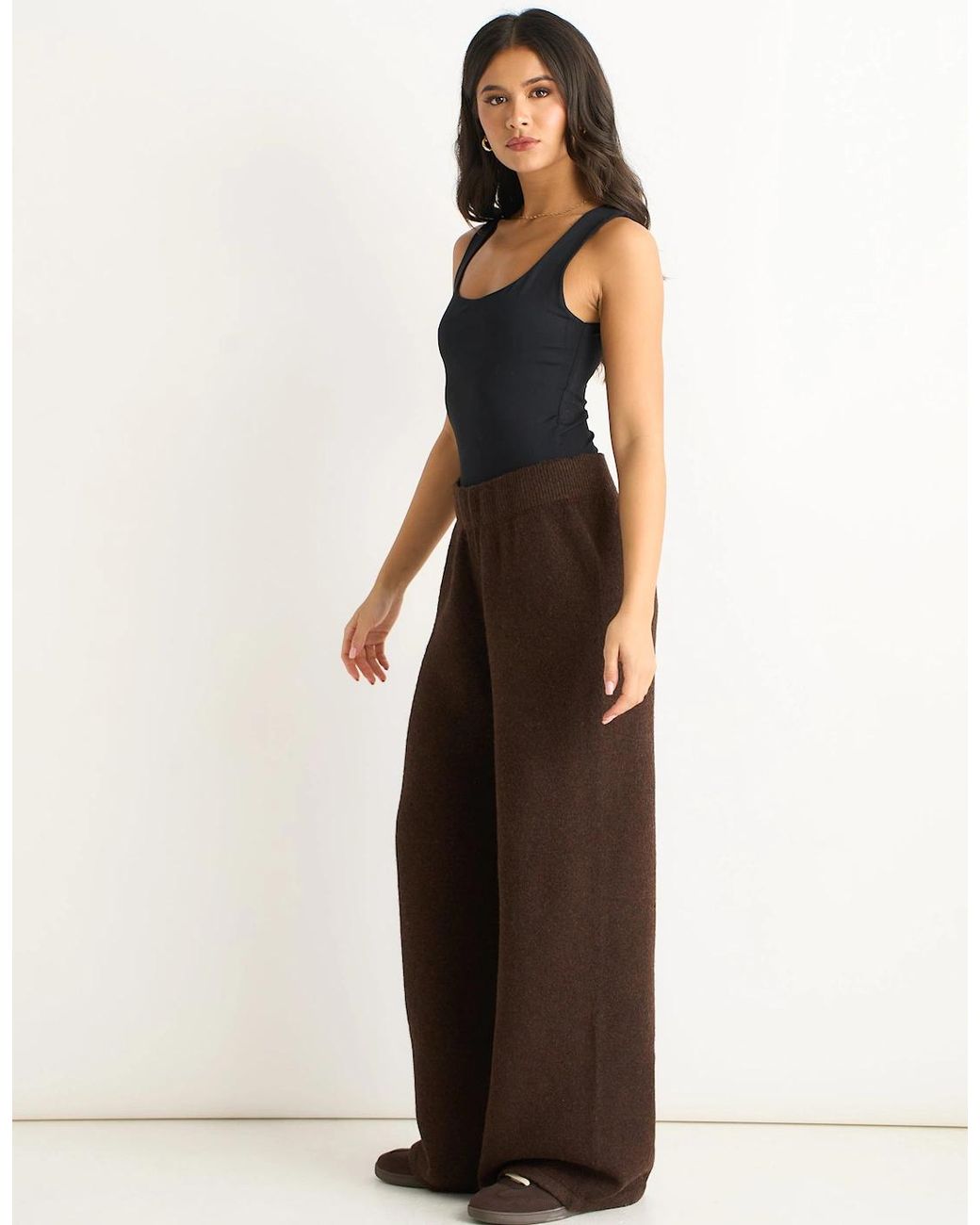 Gini London Brown Soft Knit Pull On Wide-Leg Trousers