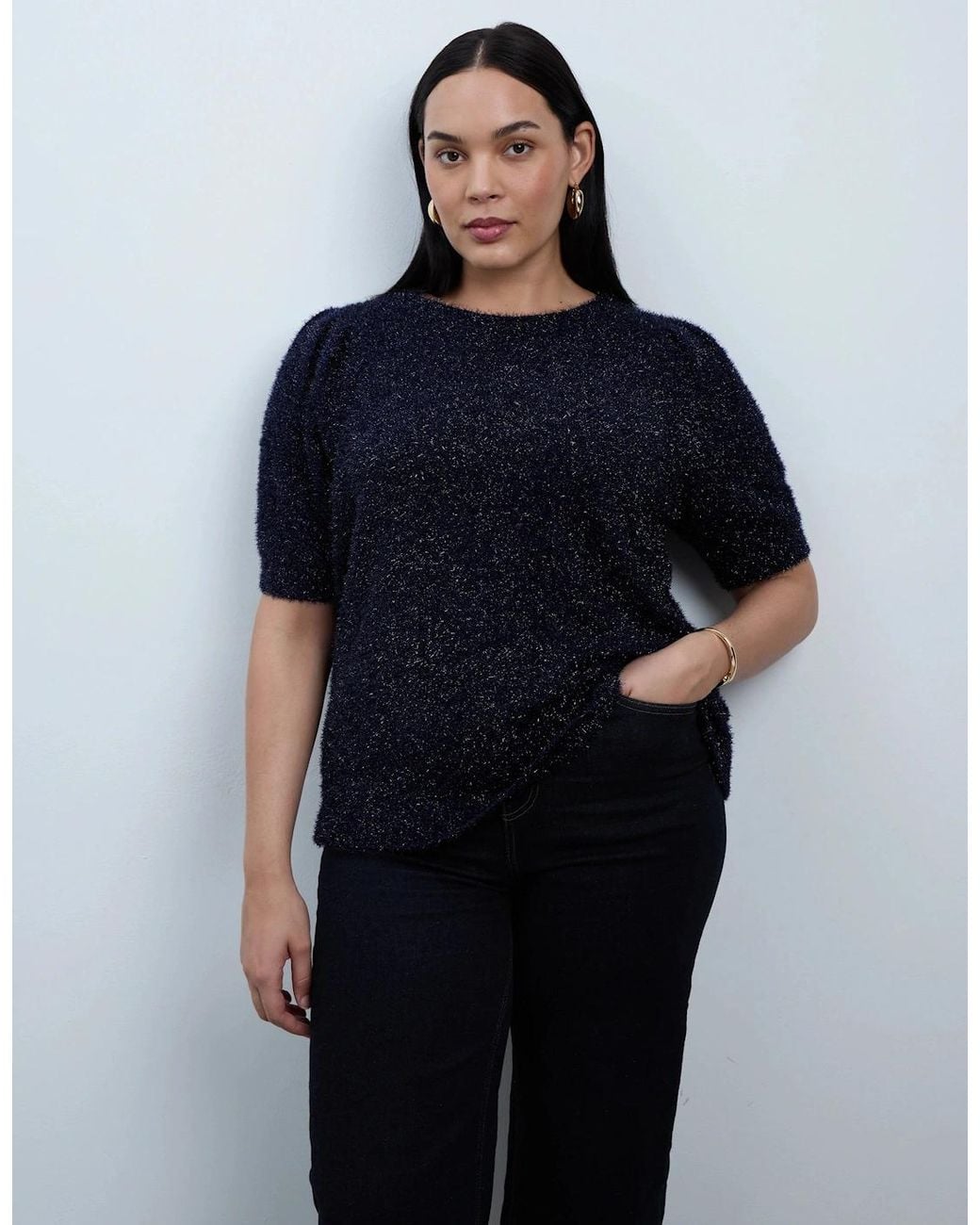 Live Unlimited London Blue Sparkle Knitted Short Sleeve Jumper