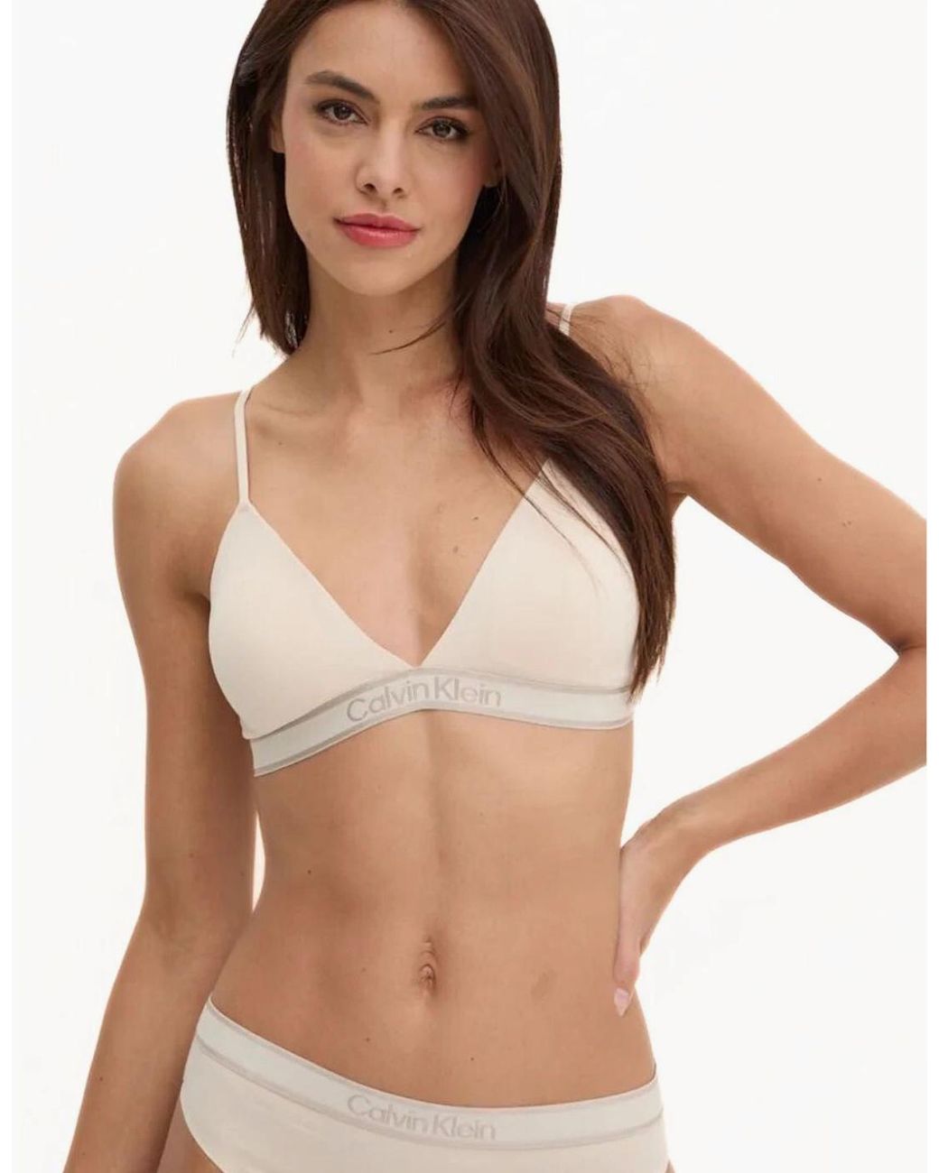 Calvin Klein White New Stone Logo Lightly Lined Triangle Bra, Sandshell