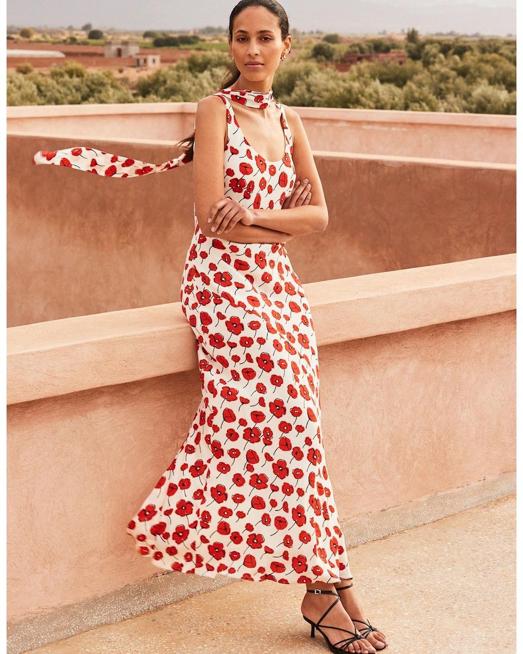Ro&zo Red Ella Poppy-Print Scarf Detail Maxi Dress