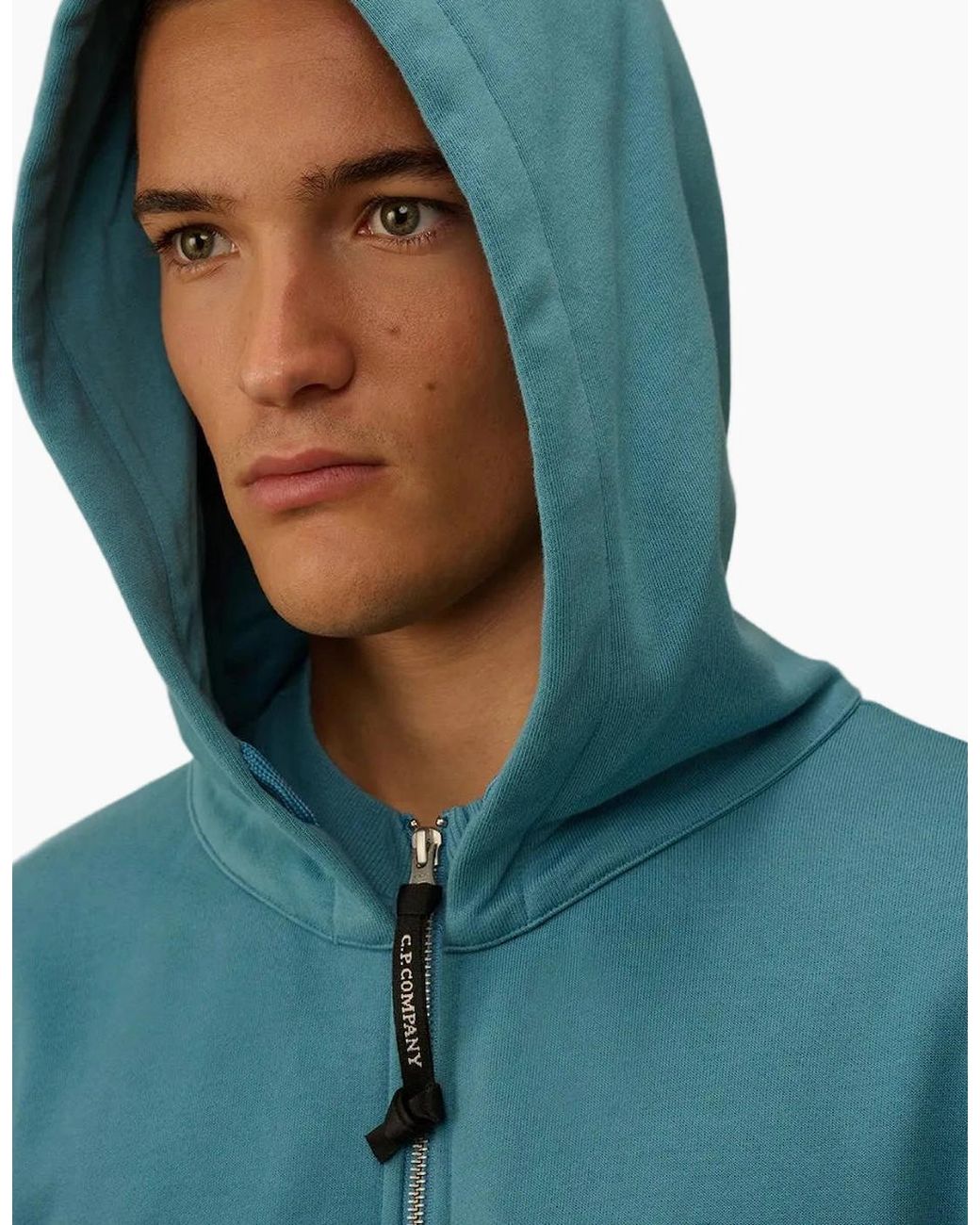 C P Company Green Diagonal Fleece Zip Logo Hoodie for men