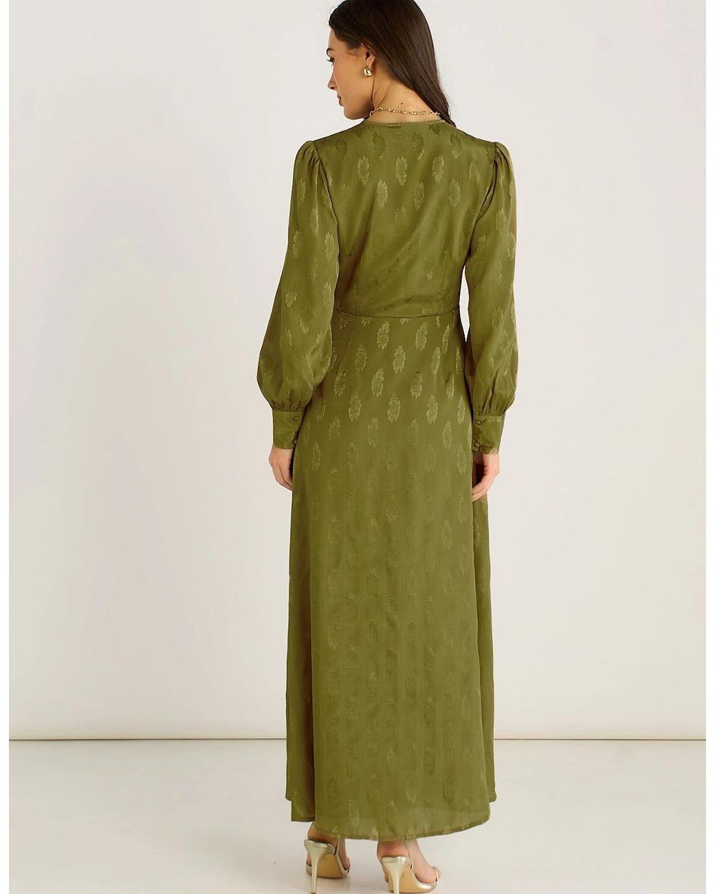 Gini London Green Long Sleeve Floral Satin Jacquard Maxi Dress