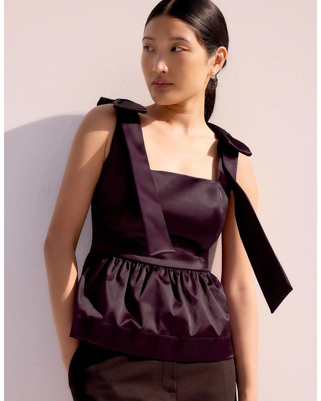 Ro&zo Purple Burgundy Bow-Detail Peplum Satin Top