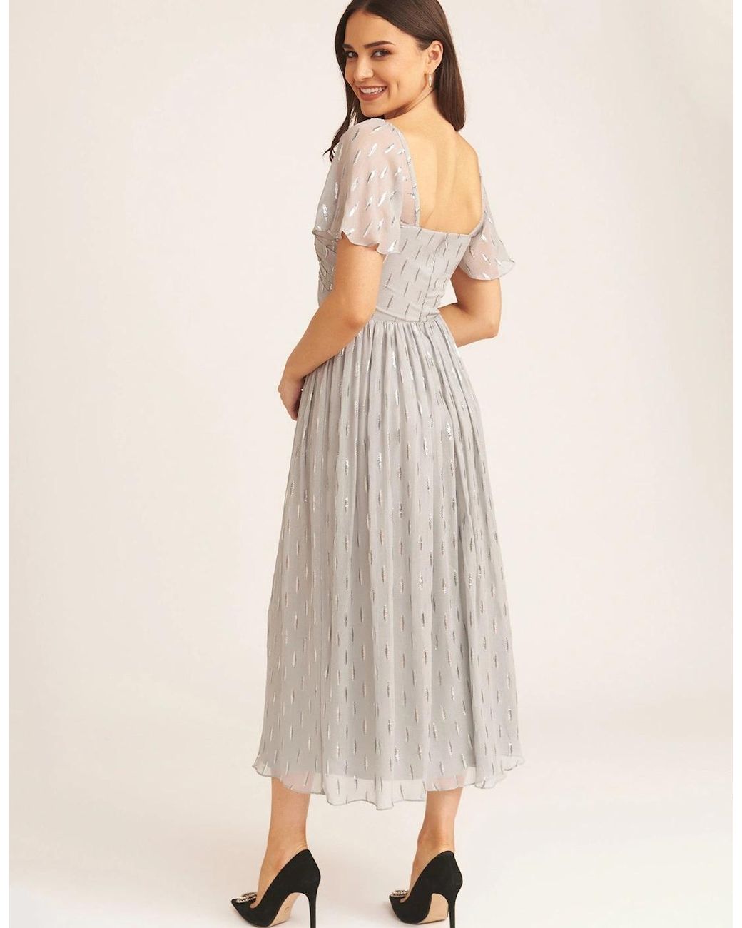 Gini London Natural Jacquard Metallic Angel Sleeves Midi Dress