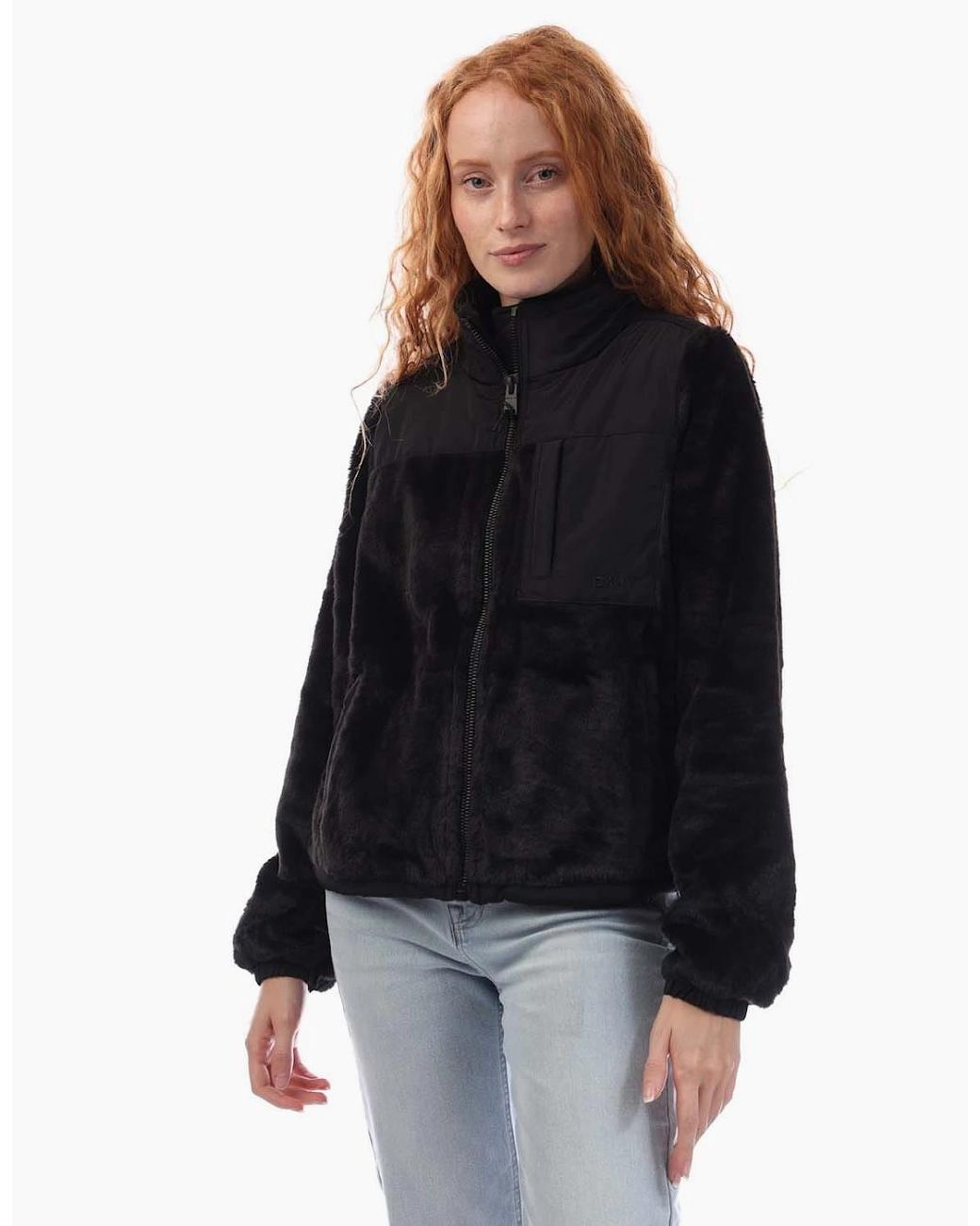 DKNY Black Full Zip Teddy Fur Transitional Jacket